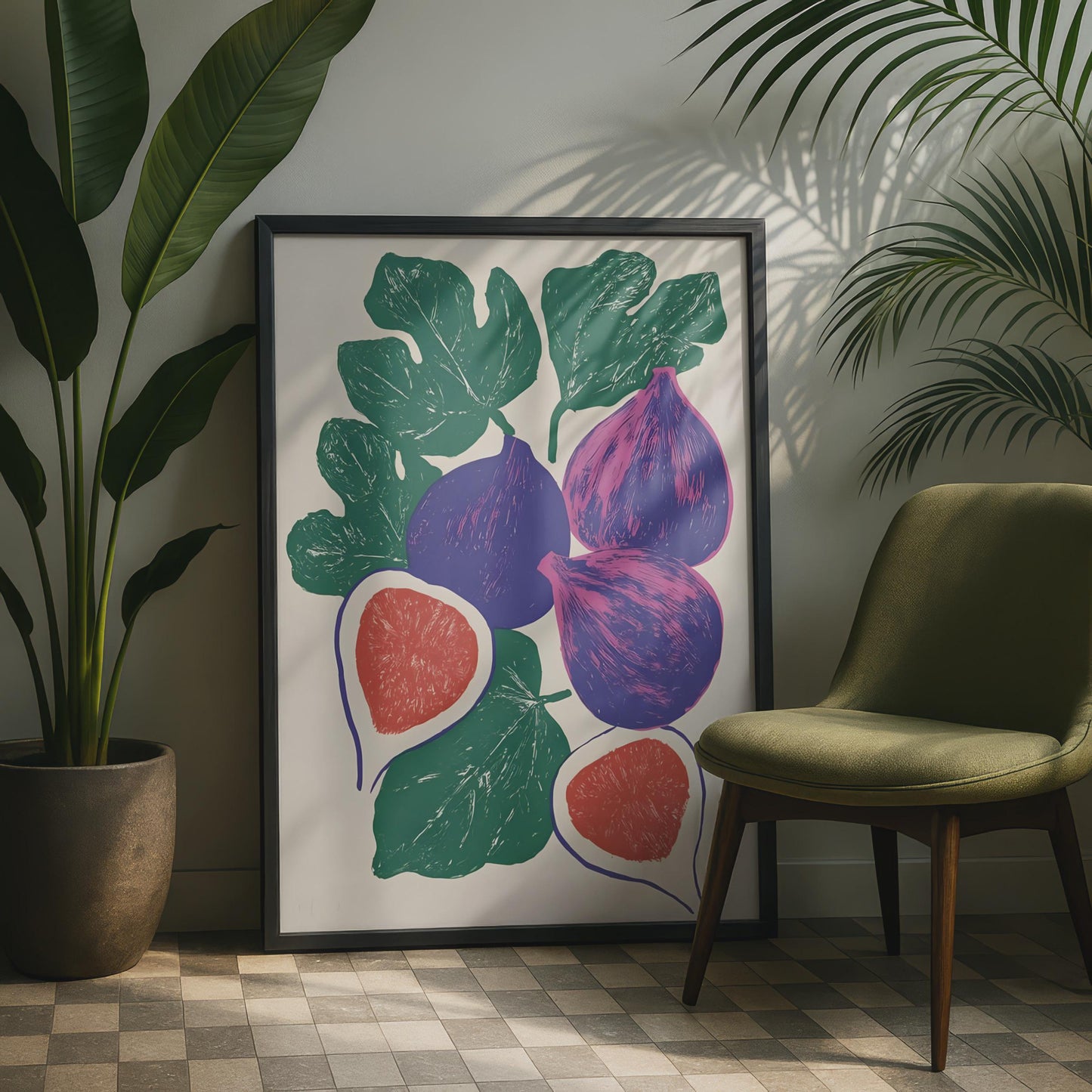 Fig Fruit Poster, Linocut Style Wall Art Print, Purple Green Kitchen Decor