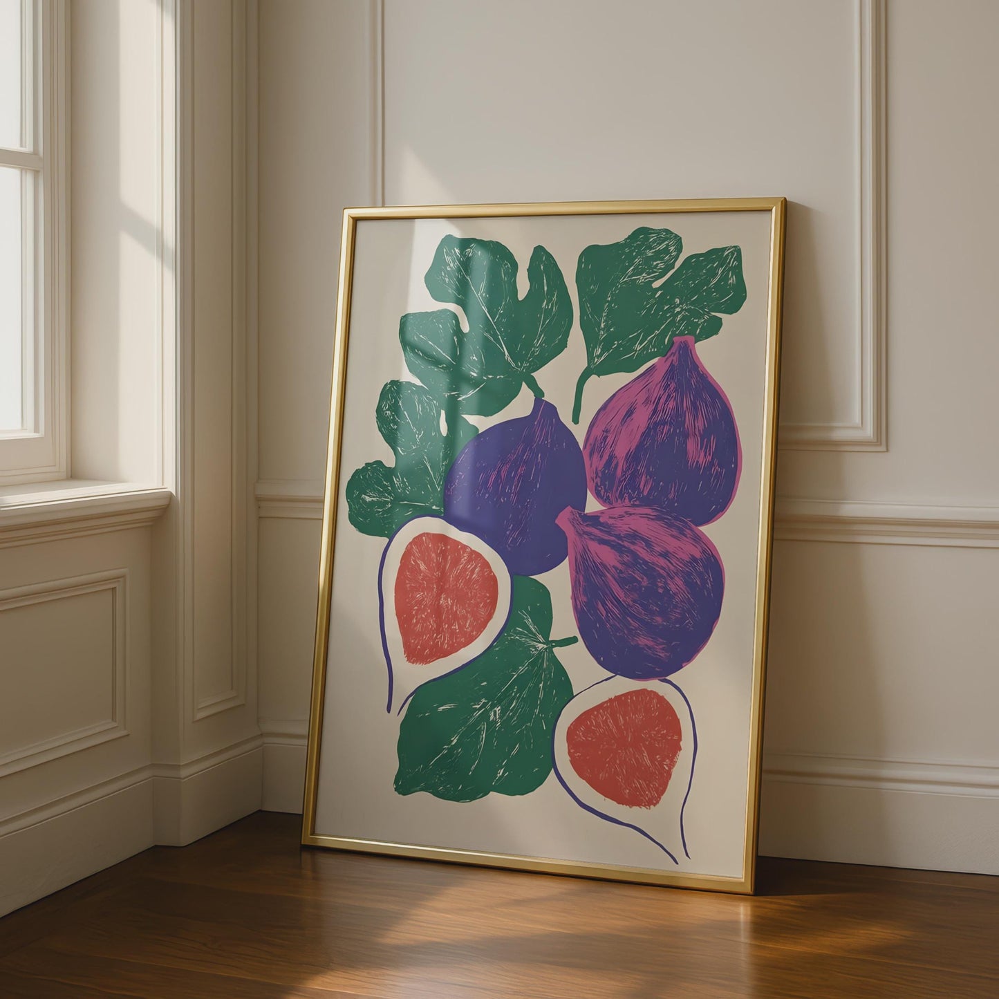 Fig Fruit Poster, Linocut Style Wall Art Print, Purple Green Kitchen Decor