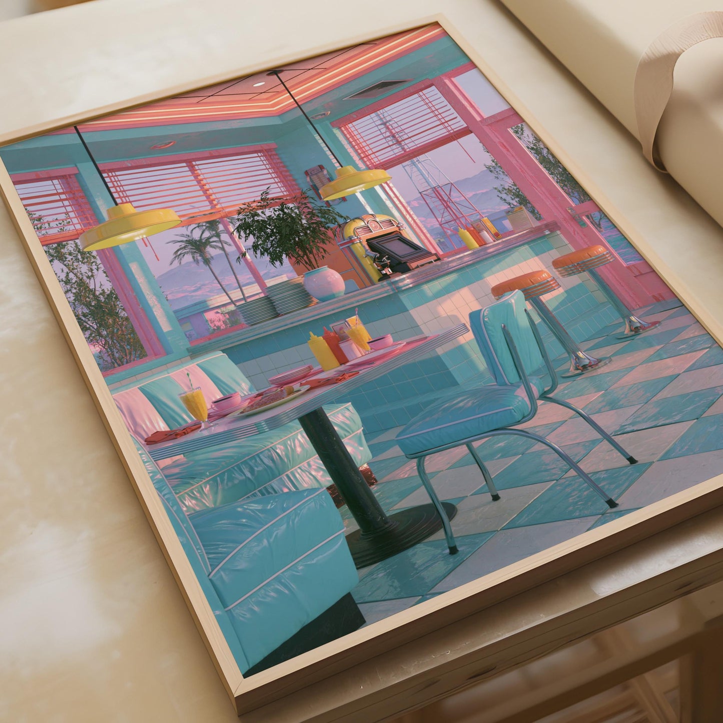 Retro American Diner Poster, 1950s Pastel Neon Wall Art, Vintage Diner Print