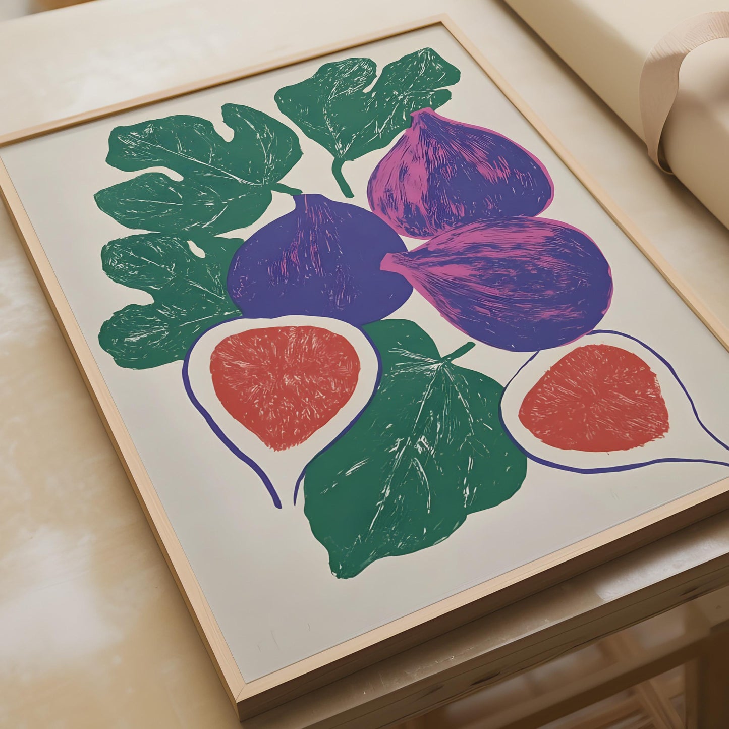Fig Fruit Poster, Linocut Style Wall Art Print, Purple Green Kitchen Decor