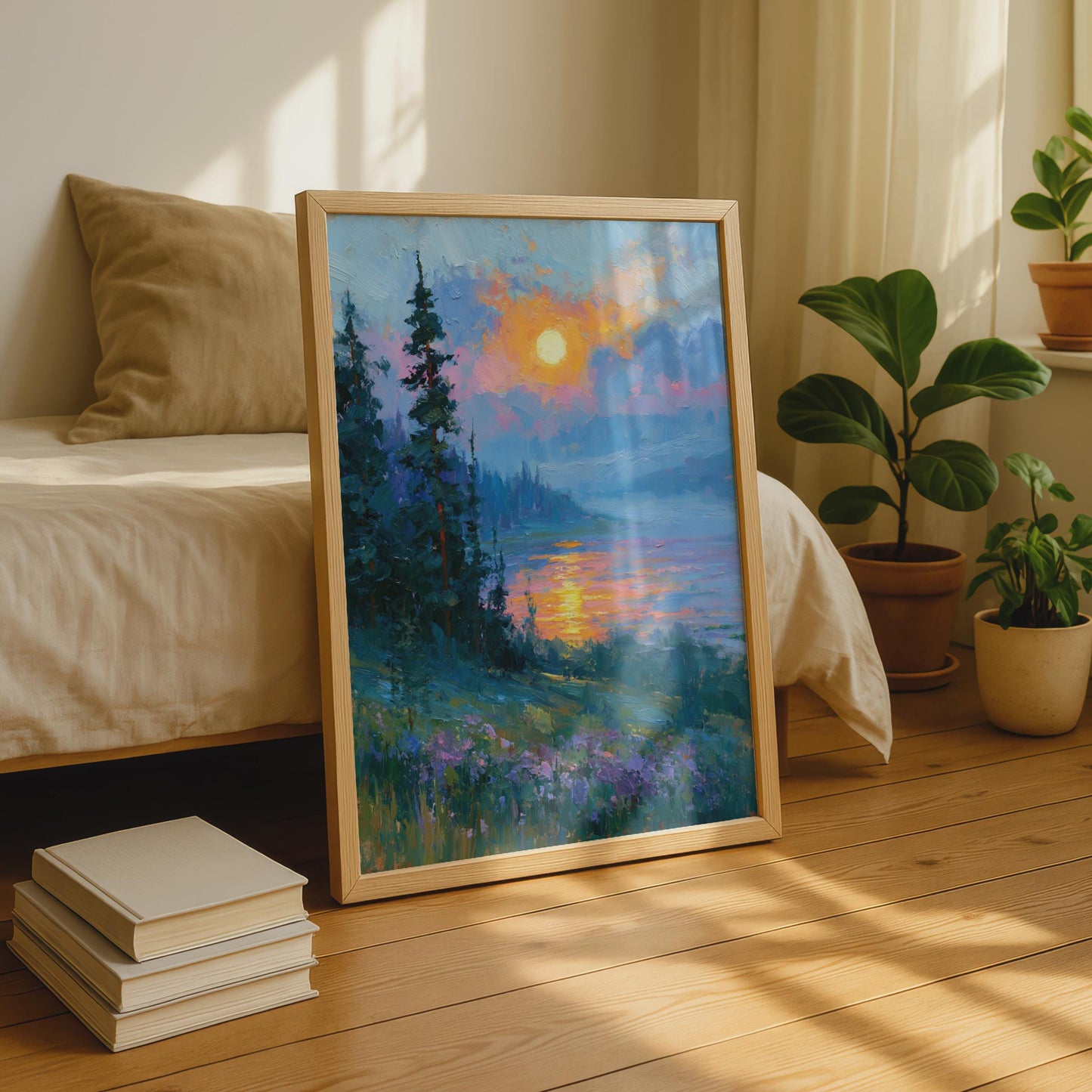 Sunset Lake Landscape Art Print, Impressionist Nature Poster, Pine Trees Wall Art