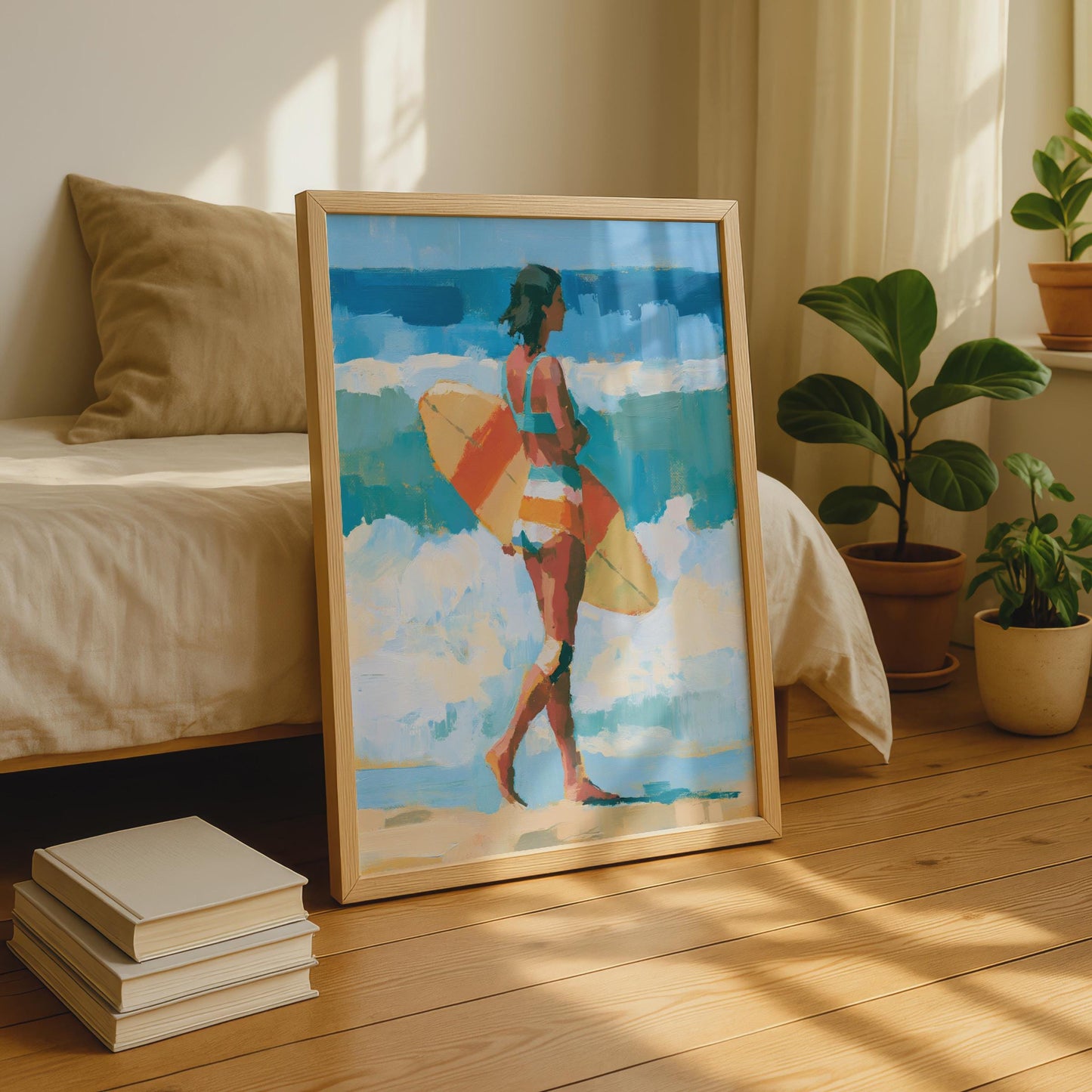 Female Surfer Art Print, Beach Wall Art, Ocean Poster, Surf Girl, Teal Blue Coastal Decor
