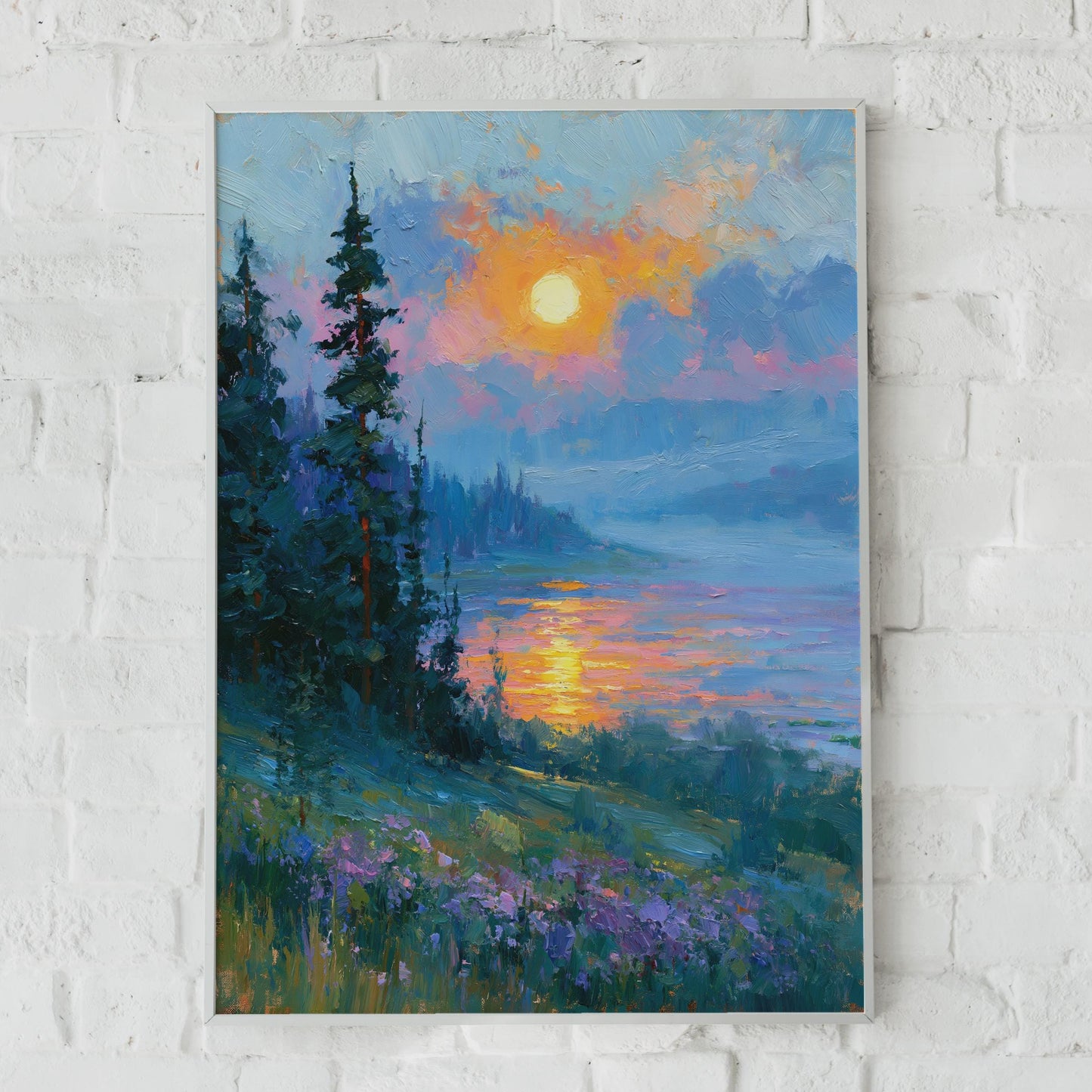 Sunset Lake Landscape Art Print, Impressionist Nature Poster, Pine Trees Wall Art