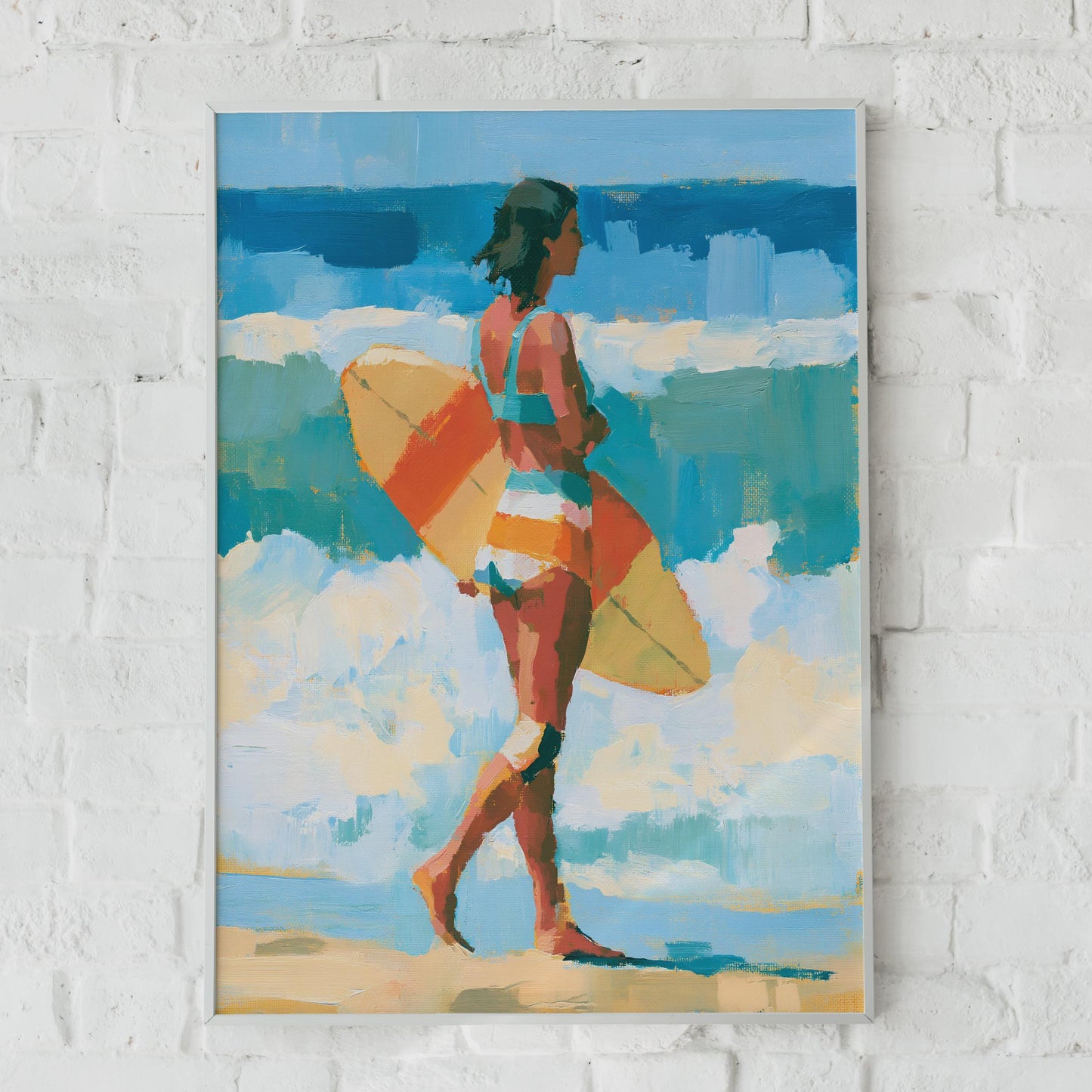 Female Surfer Art Print, Beach Wall Art, Ocean Poster, Surf Girl, Teal Blue Coastal Decor