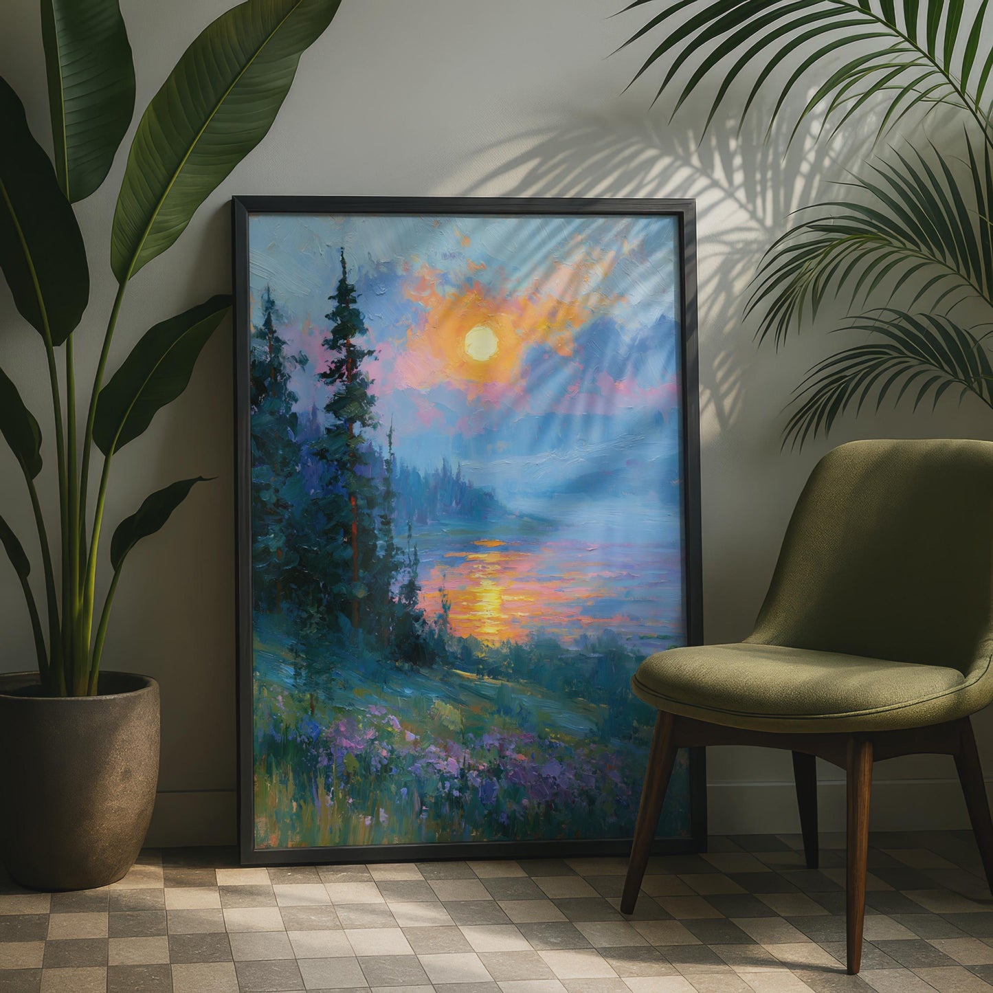 Sunset Lake Landscape Art Print, Impressionist Nature Poster, Pine Trees Wall Art