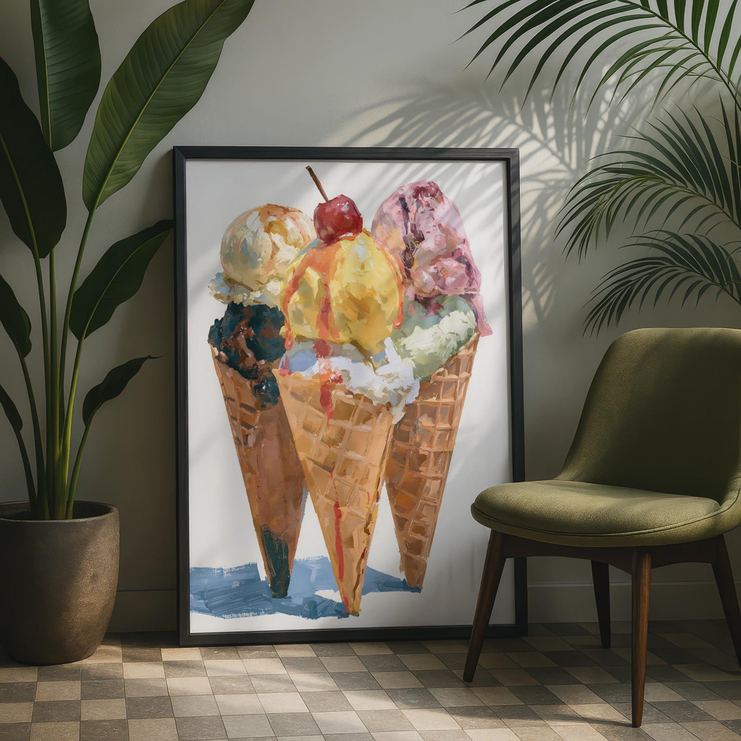 Ice Cream Cone Art Print, Three Cornets Poster, Retro Food Wall Art, Kitchen Decor