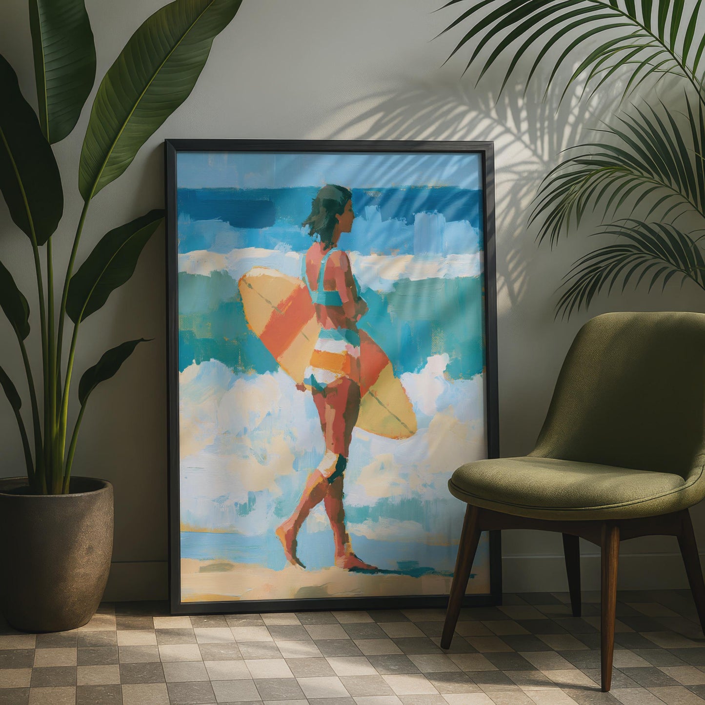 Female Surfer Art Print, Beach Wall Art, Ocean Poster, Surf Girl, Teal Blue Coastal Decor