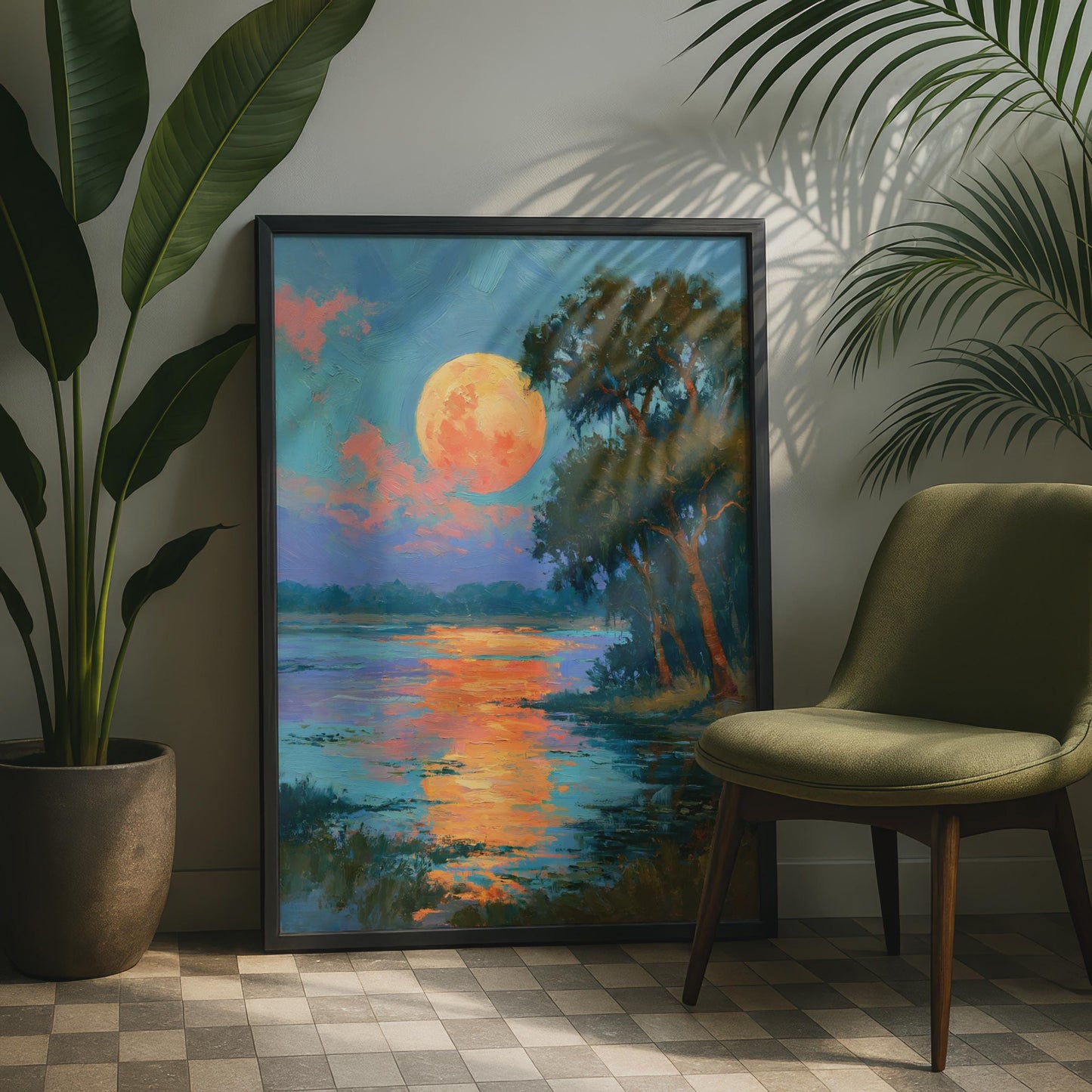 Sunset Moon River Art Print, Impressionist Landscape Poster, Orange Blue Wall Art