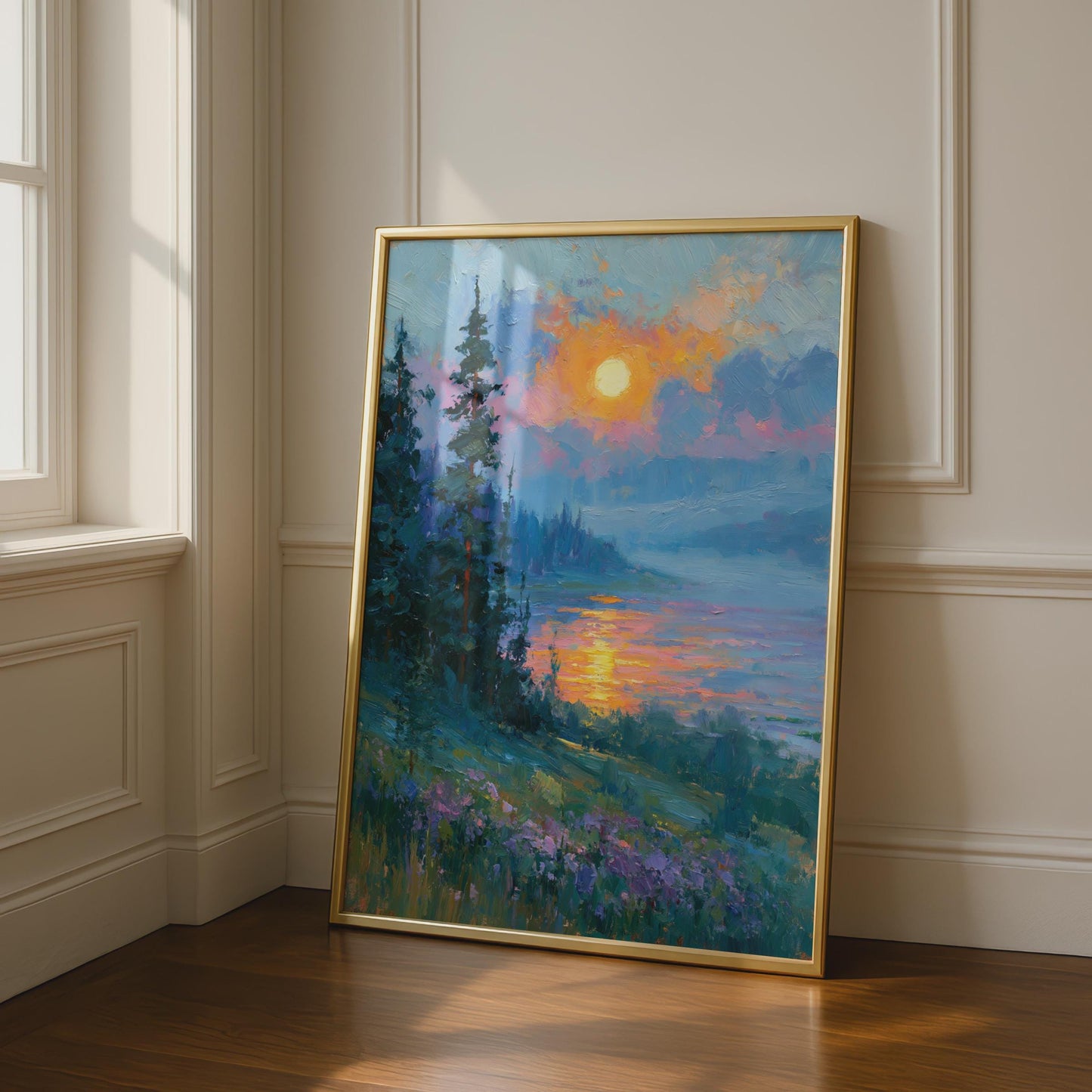 Sunset Lake Landscape Art Print, Impressionist Nature Poster, Pine Trees Wall Art