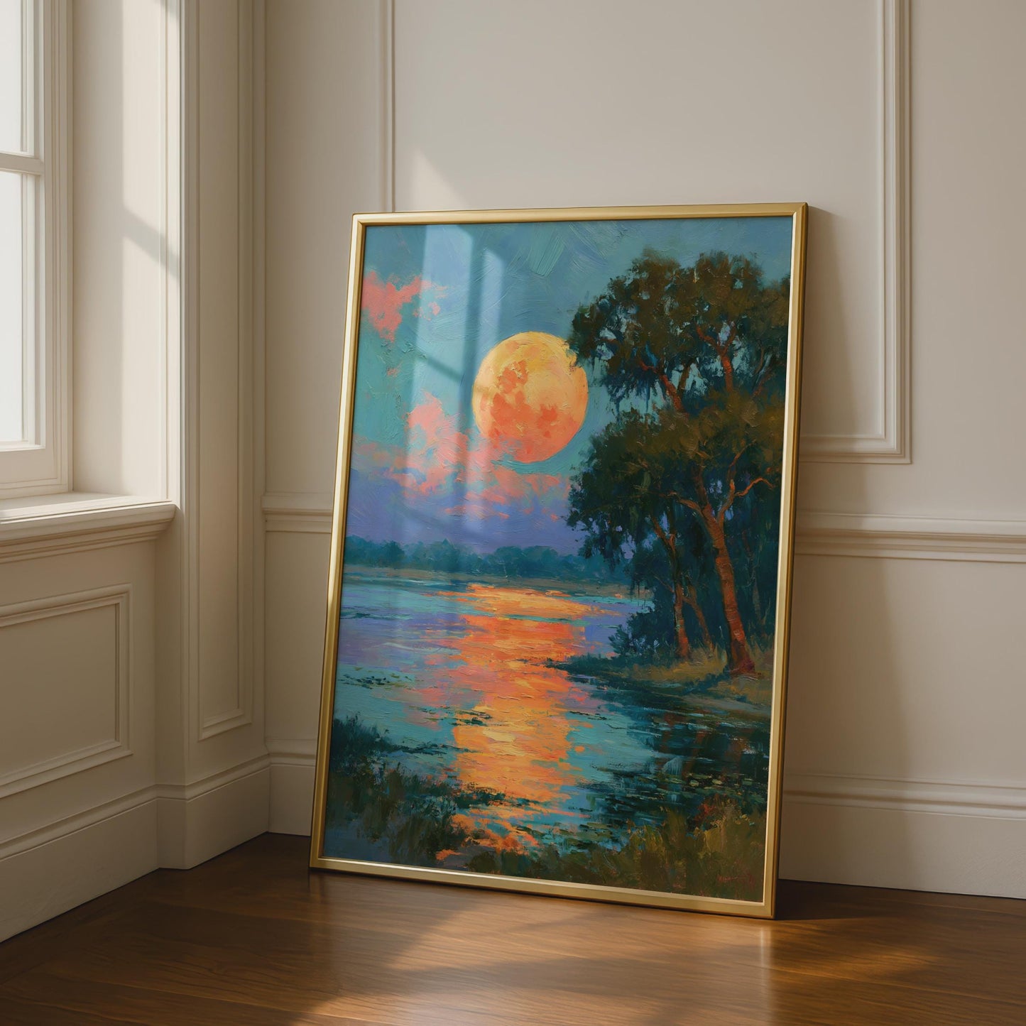 Sunset Moon River Art Print, Impressionist Landscape Poster, Orange Blue Wall Art
