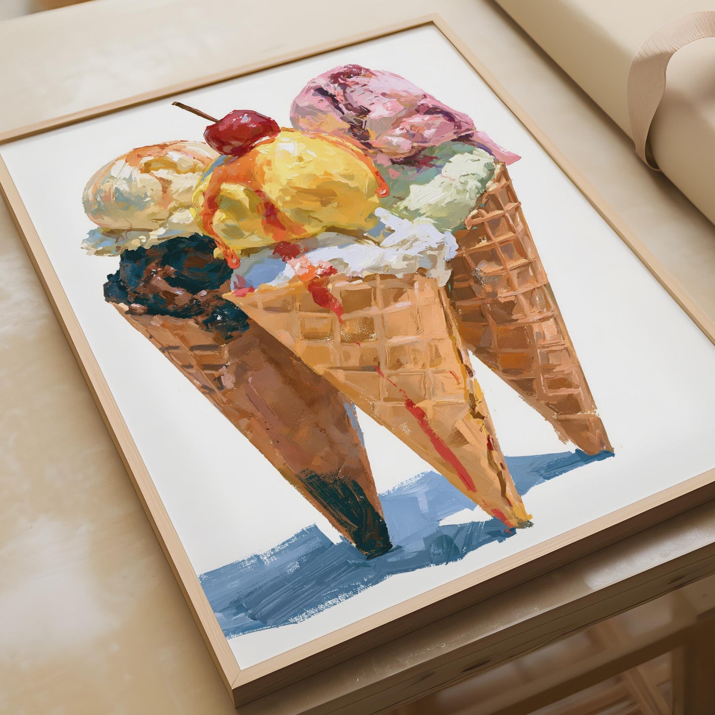 Ice Cream Cone Art Print, Three Cornets Poster, Retro Food Wall Art, Kitchen Decor
