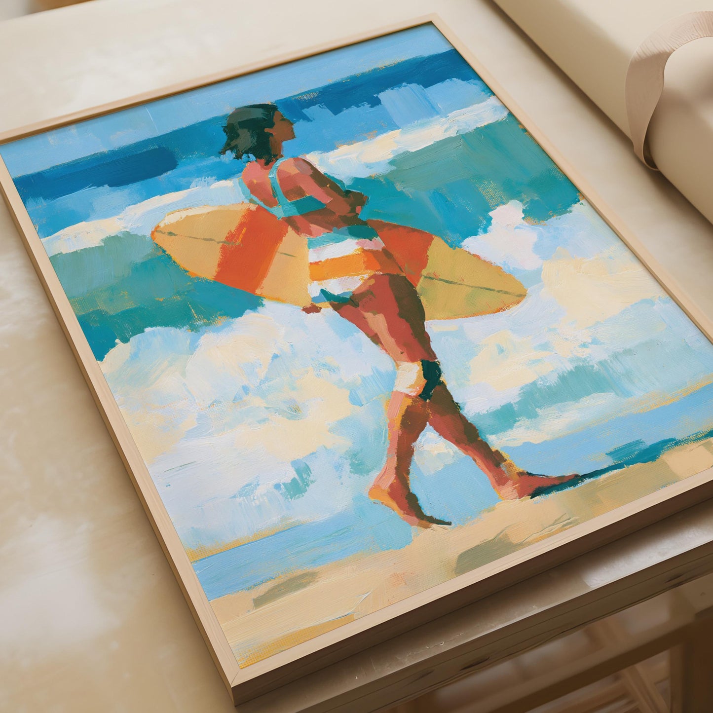 Female Surfer Art Print, Beach Wall Art, Ocean Poster, Surf Girl, Teal Blue Coastal Decor
