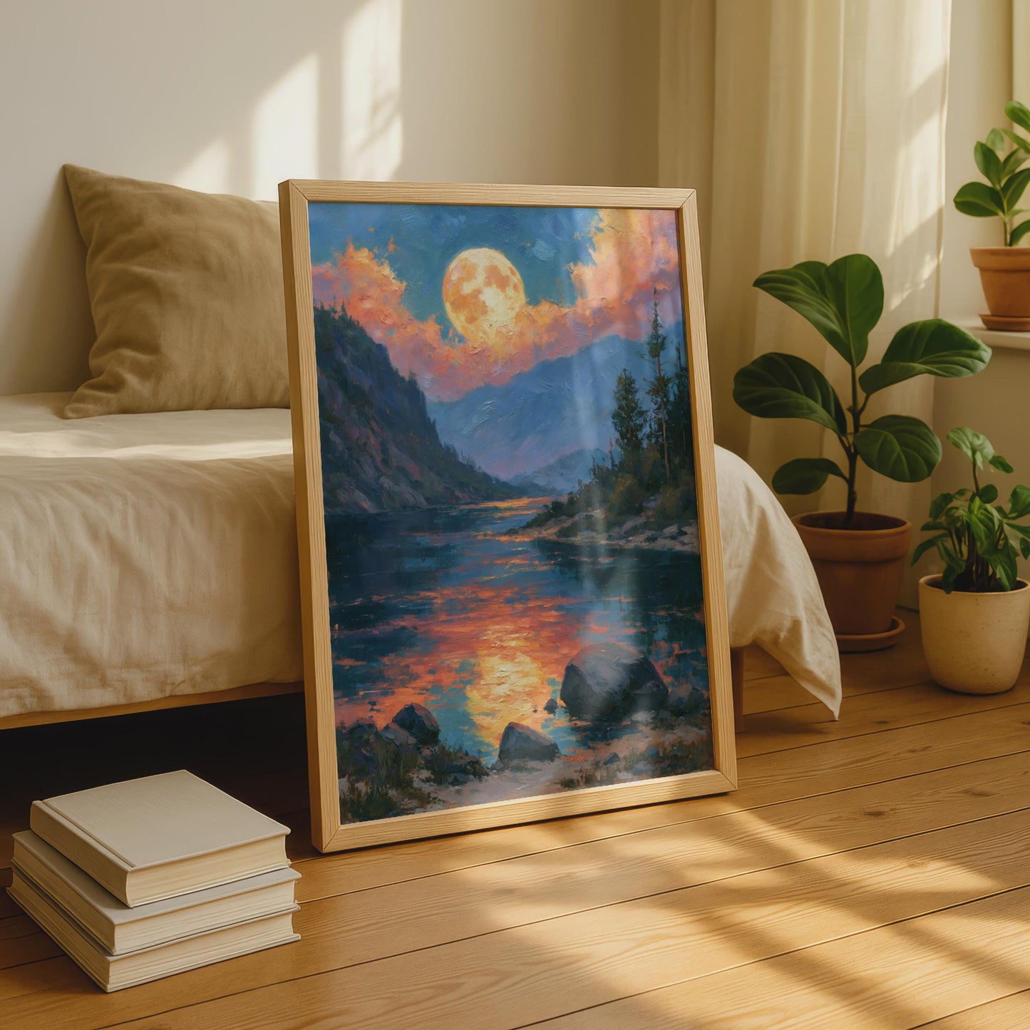 Full Moon Mountain River Sunset Art Print, Oil Painting Style Landscape Poster