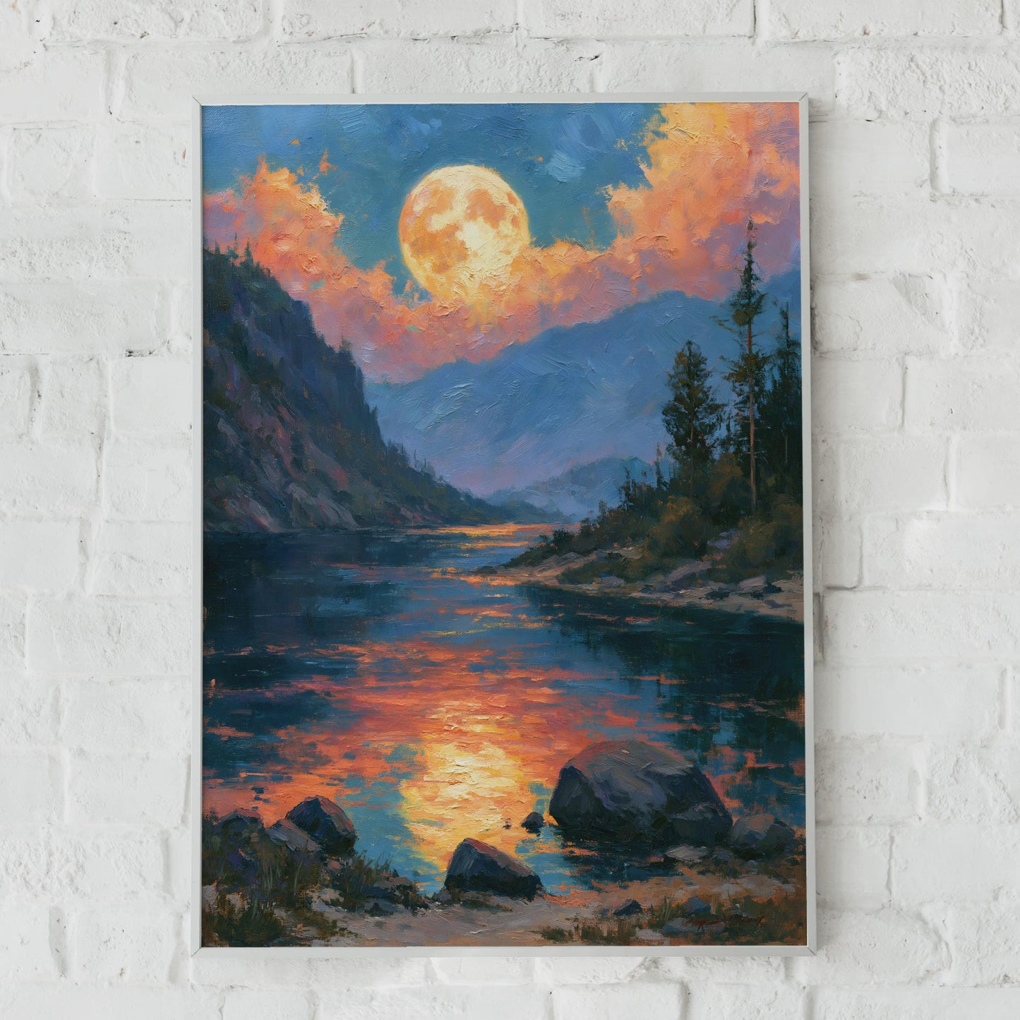 Full Moon Mountain River Sunset Art Print, Oil Painting Style Landscape Poster