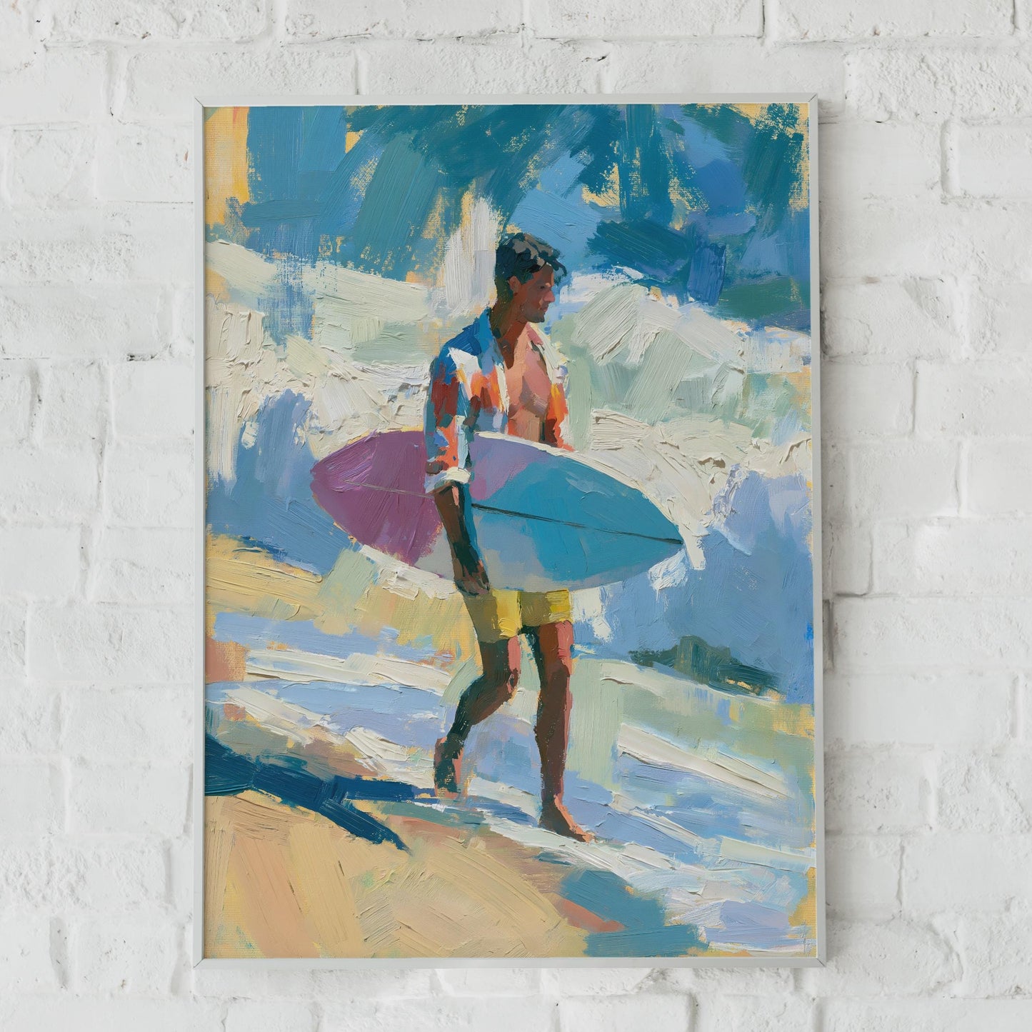 Surfer Wall Art Print, Male Surfer Poster, Beach Painting, Coastal Decor, Surf Art