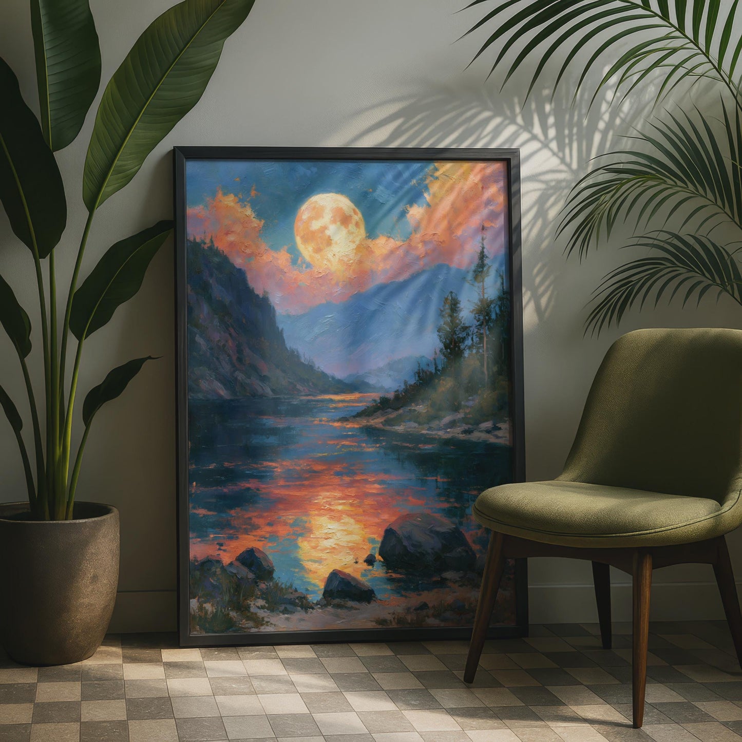 Full Moon Mountain River Sunset Art Print, Oil Painting Style Landscape Poster