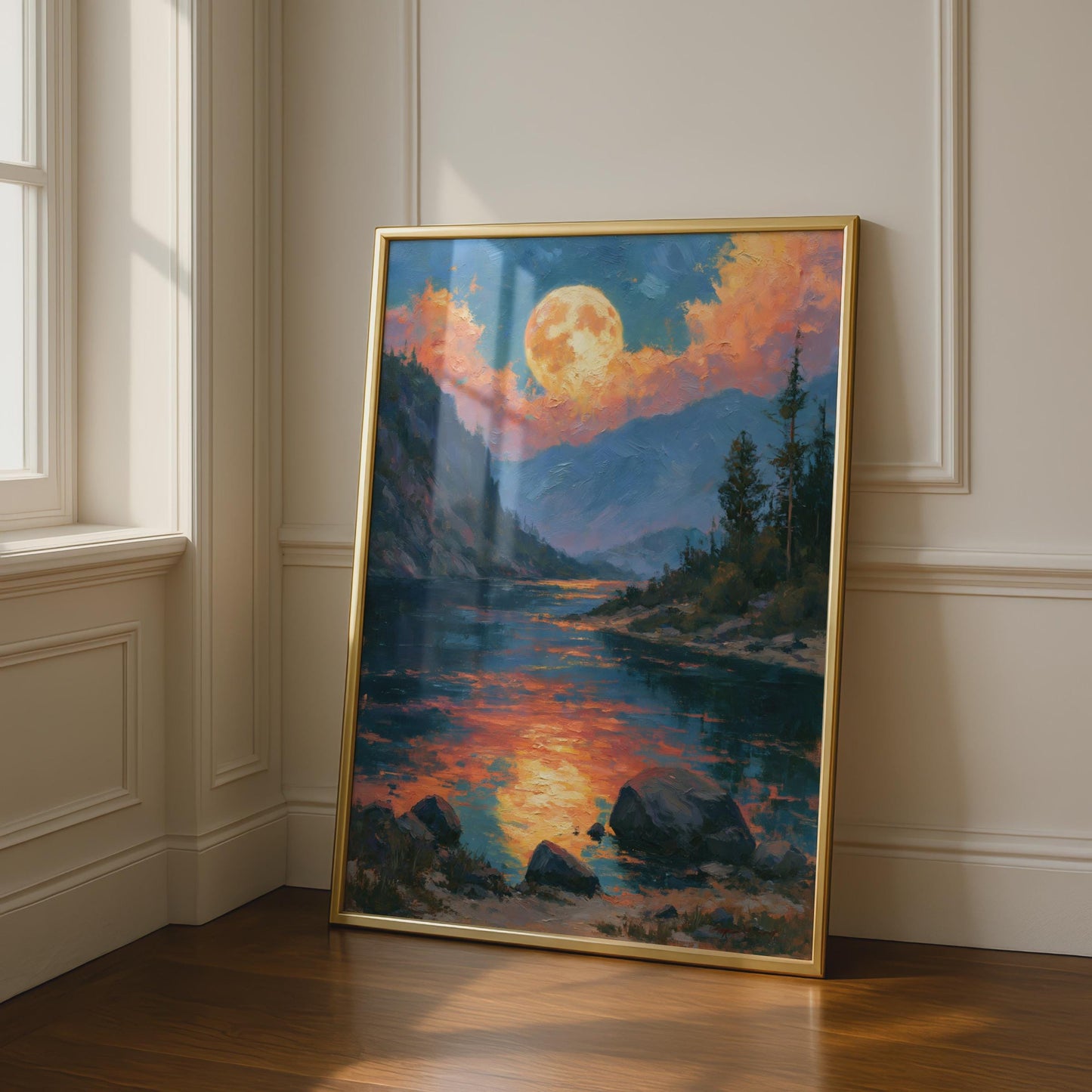 Full Moon Mountain River Sunset Art Print, Oil Painting Style Landscape Poster