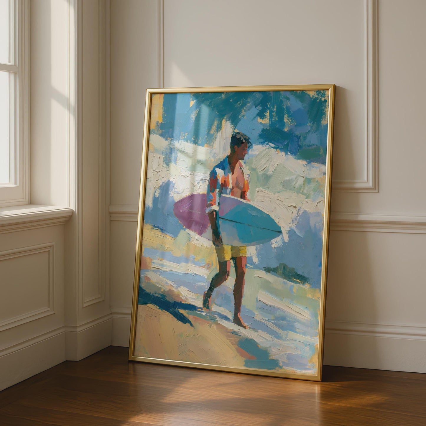 Surfer Wall Art Print, Male Surfer Poster, Beach Painting, Coastal Decor, Surf Art