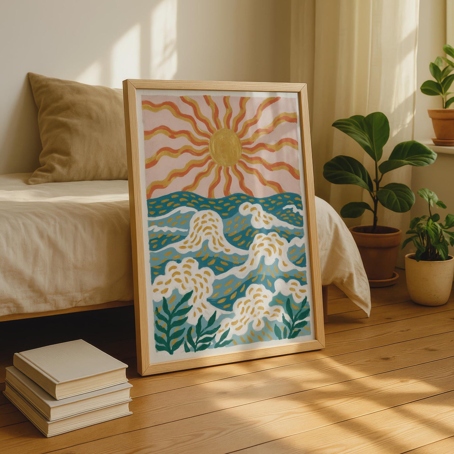 Ocean Waves Sun Print, Boho Beach Wall Art, Teal Blue Gold Coastal Poster, Retro Surf Decor