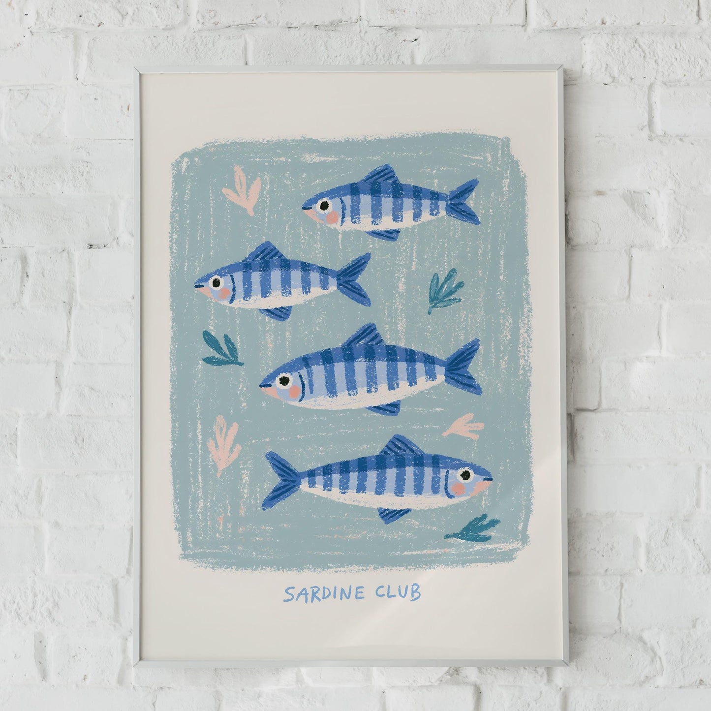 Sardine Club Fish Art Print, Blue Cream Coastal Wall Art, Cute Fish Poster, Ocean Nursery Decor