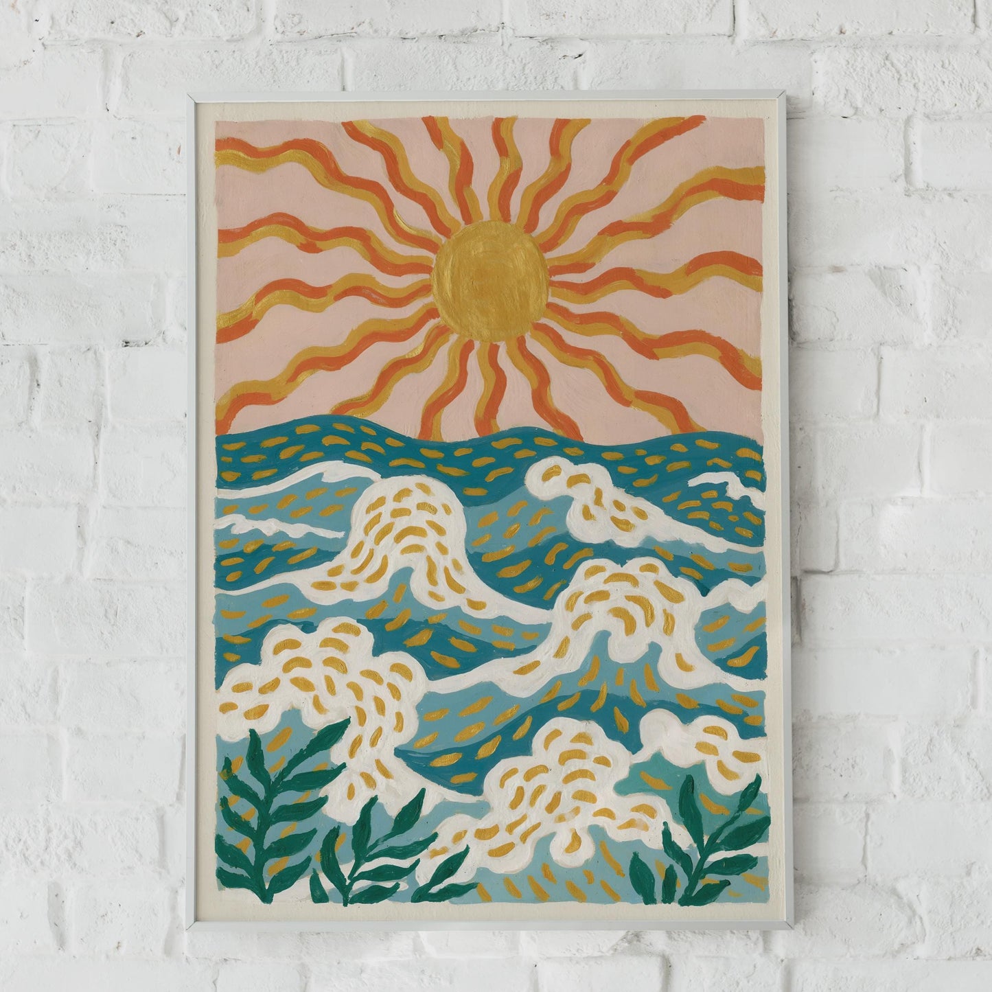 Ocean Waves Sun Print, Boho Beach Wall Art, Teal Blue Gold Coastal Poster, Retro Surf Decor