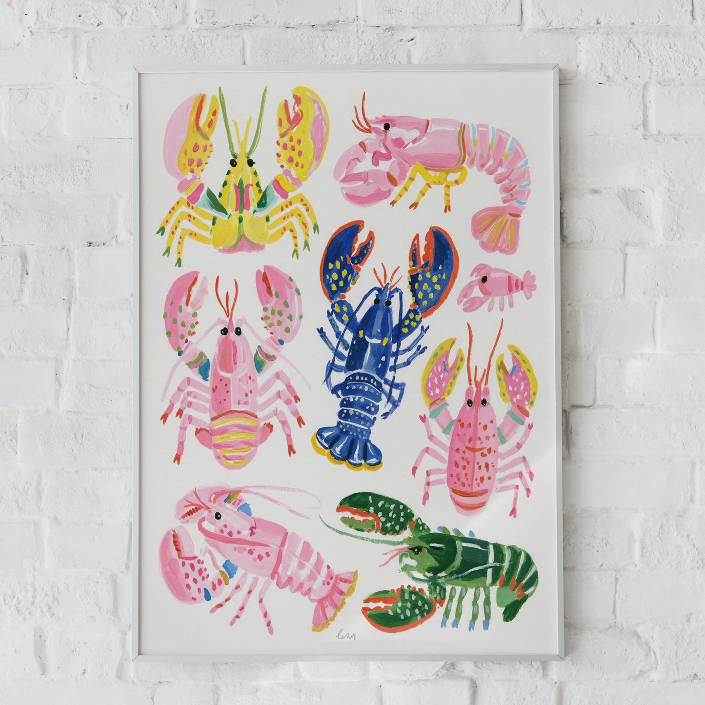 Colourful Lobster Art Print, Nautical Wall Art, Pink Blue Green Sea Print