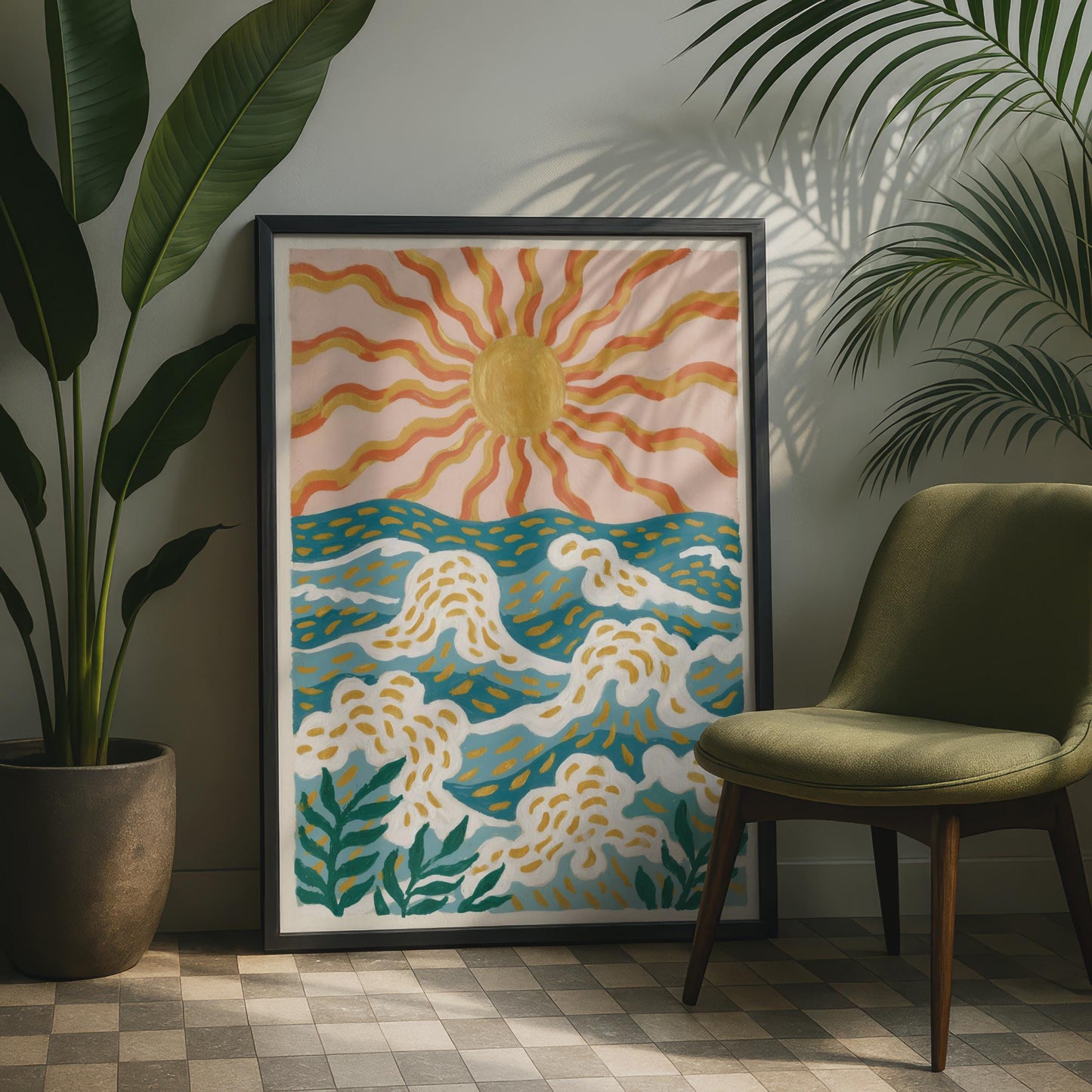 Ocean Waves Sun Print, Boho Beach Wall Art, Teal Blue Gold Coastal Poster, Retro Surf Decor
