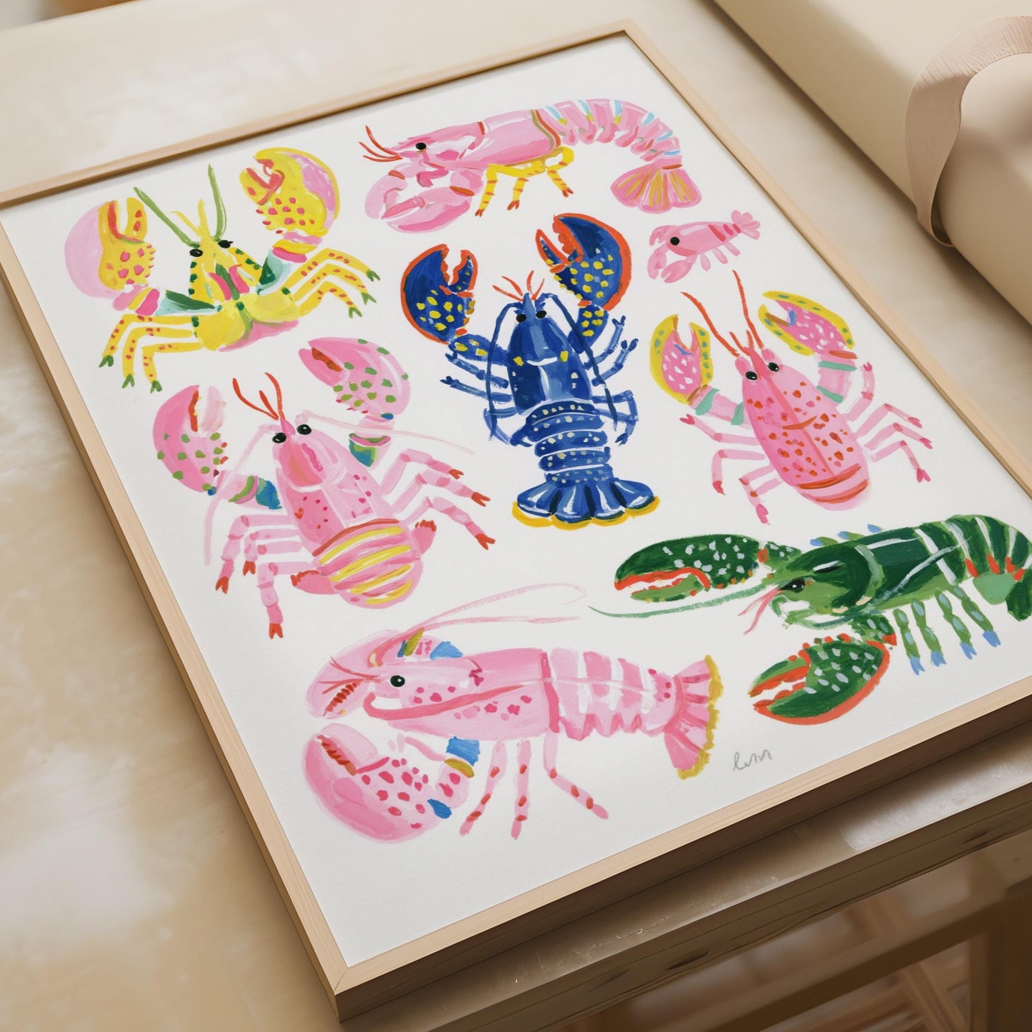 Colourful Lobster Art Print, Nautical Wall Art, Pink Blue Green Sea Print