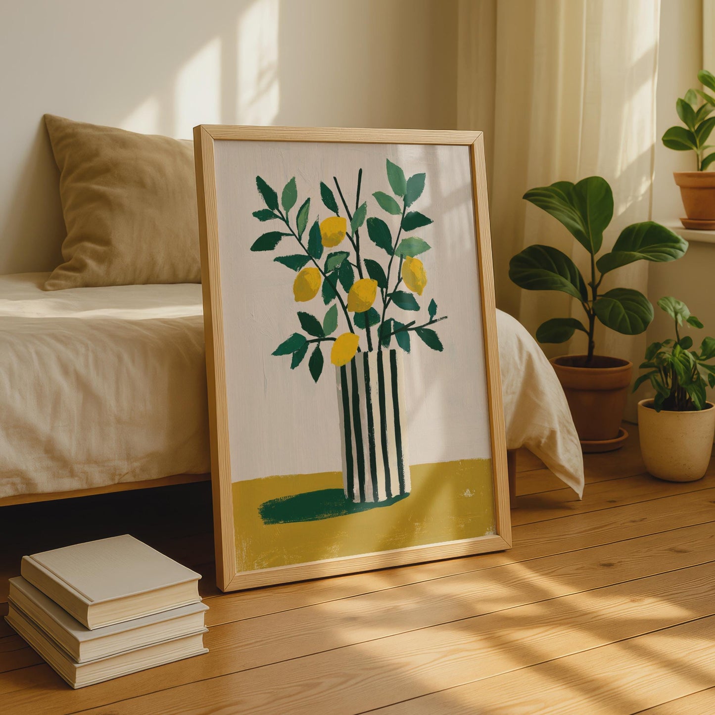 Lemon Vase Art Print, Botanical Still Life Poster, Yellow Green Kitchen Wall Decor