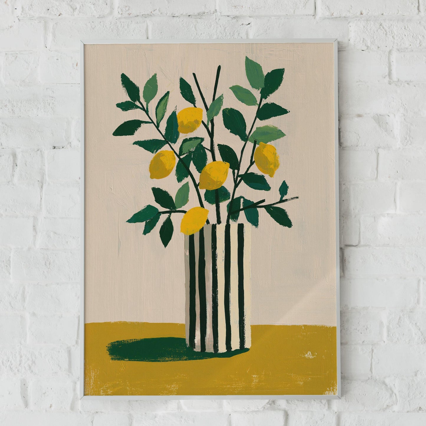 Lemon Vase Art Print, Botanical Still Life Poster, Yellow Green Kitchen Wall Decor