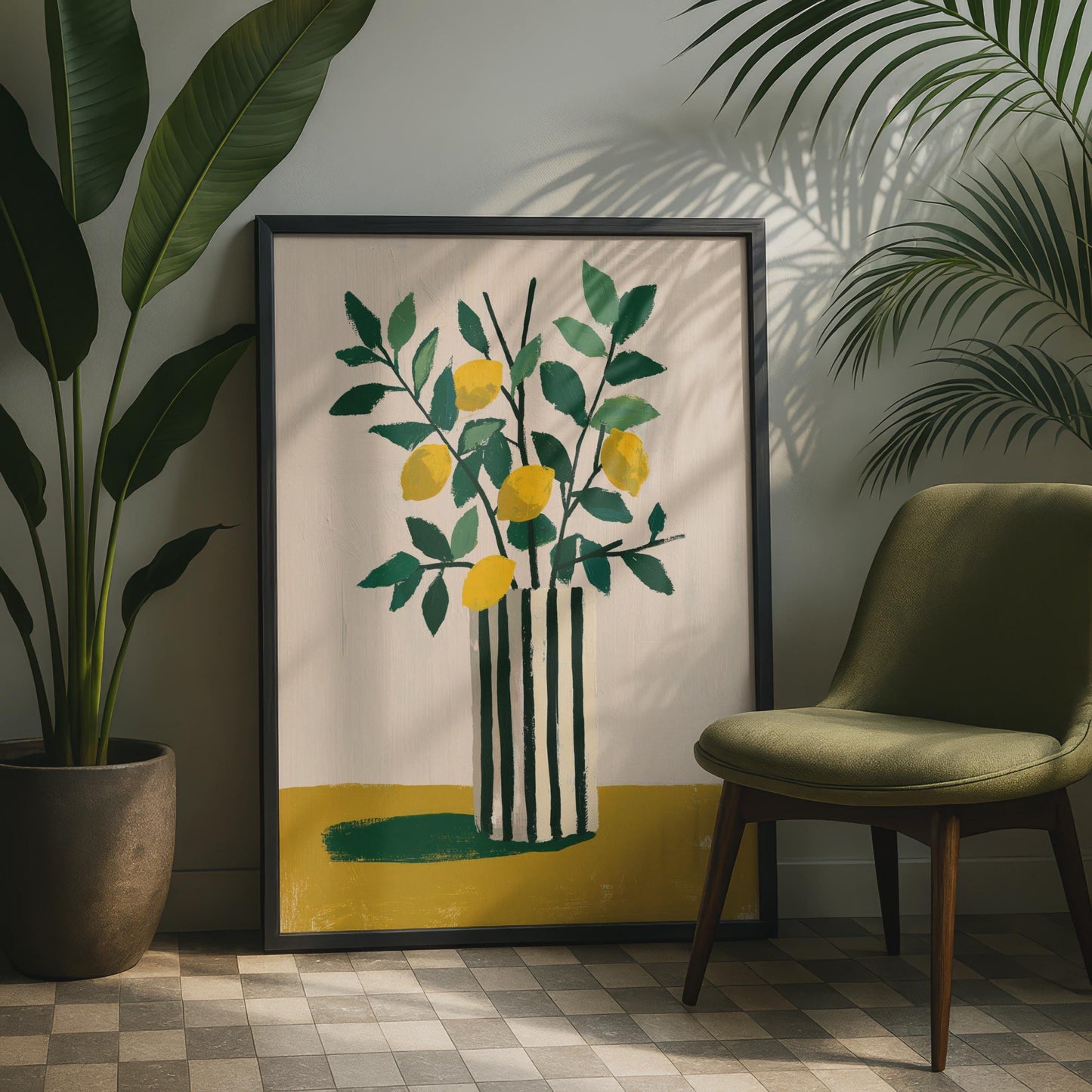 Lemon Vase Art Print, Botanical Still Life Poster, Yellow Green Kitchen Wall Decor