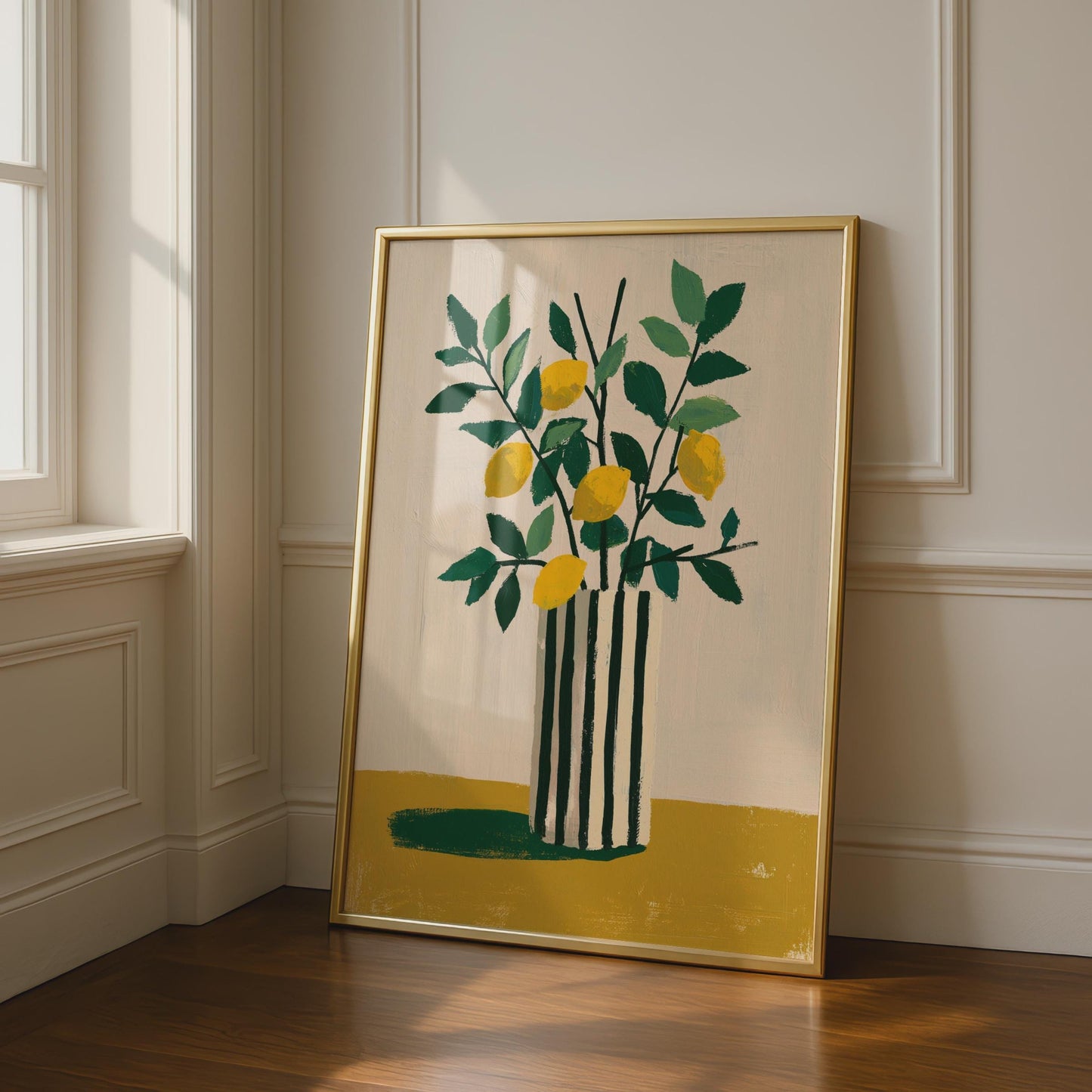 Lemon Vase Art Print, Botanical Still Life Poster, Yellow Green Kitchen Wall Decor