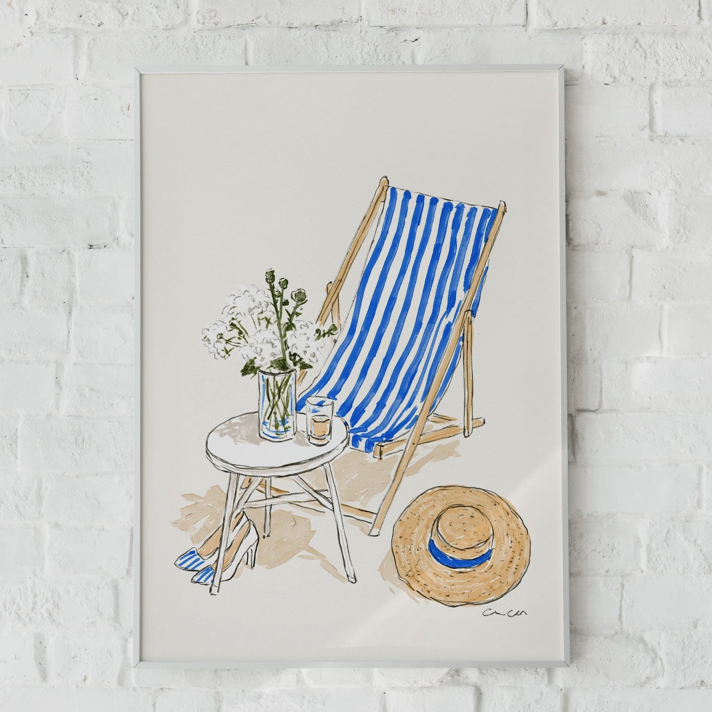Blue Striped Deckchair Art Print, Summer Beach Wall Decor, Relaxation Poster, Floral Still Life,