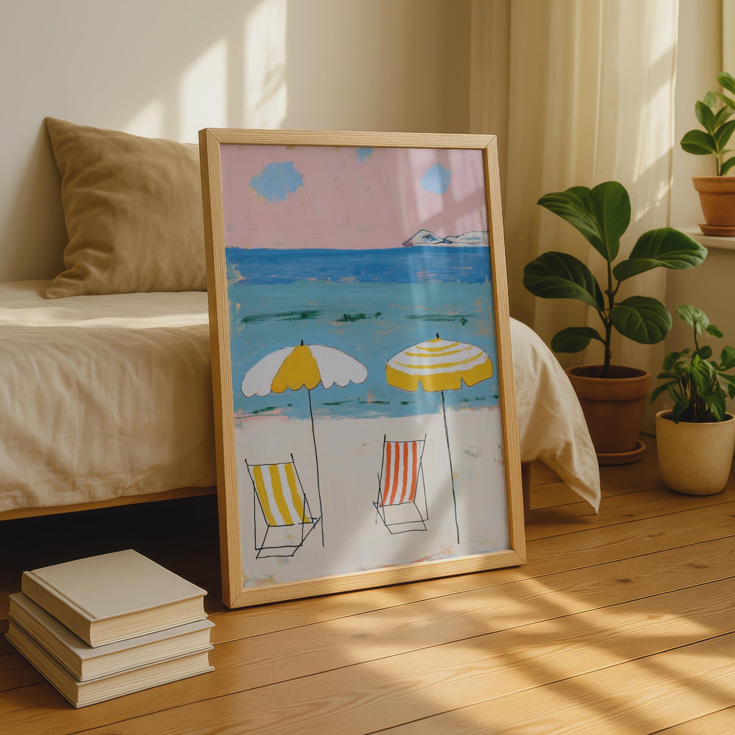 Coastal Deckchair Art Print, Vibrant Beach Umbrellas Wall Decor, Summer Seaside Illustration
