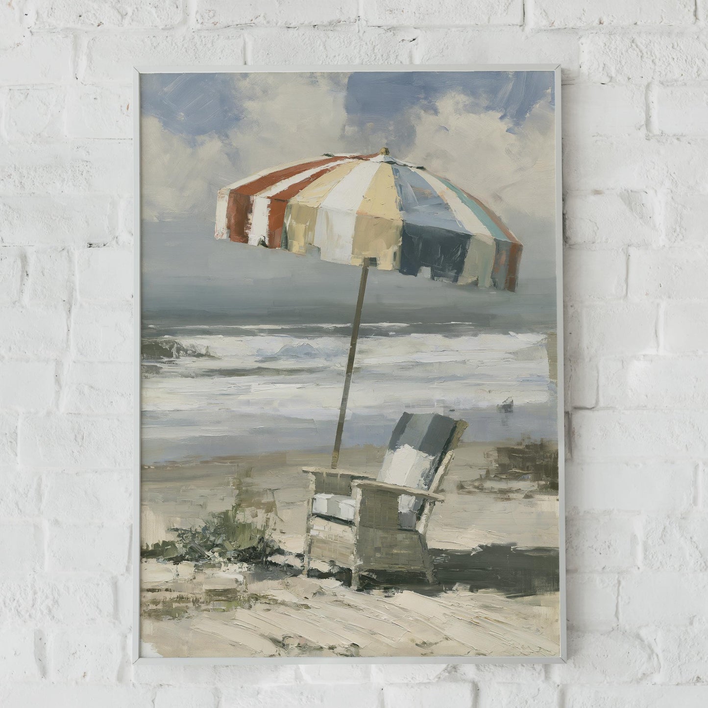 Beach Scene with Colourful Parasols, Deck Chair, Ocean Waves, Coastal Wall Art Print