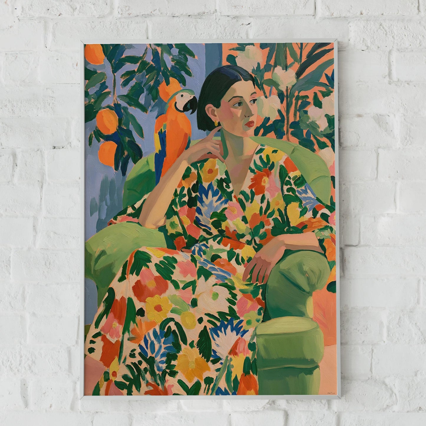 Vibrant Floral Portrait, Lady in Colourful Dress with Parrot, Wall Art Print, Contemporary Decor,