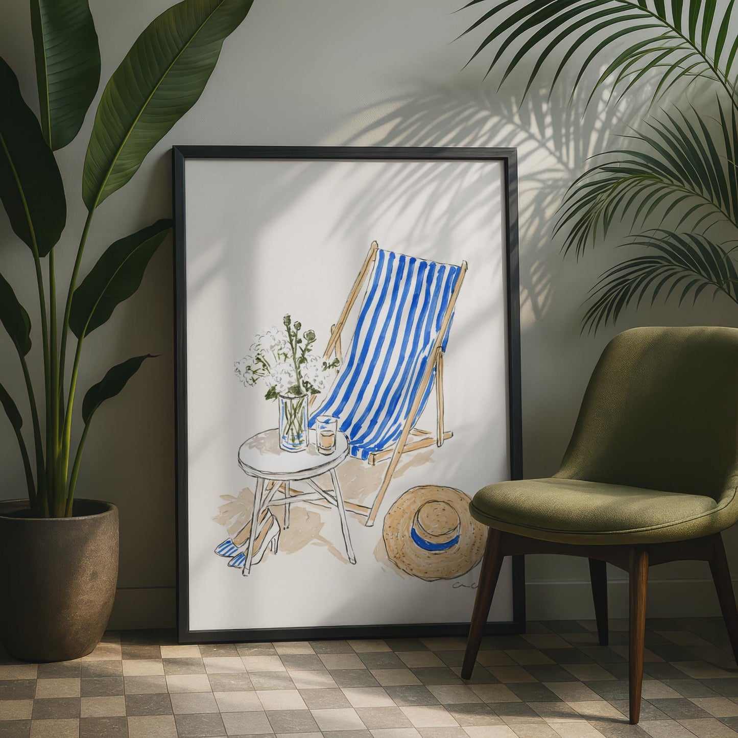 Blue Striped Deckchair Art Print, Summer Beach Wall Decor, Relaxation Poster, Floral Still Life,