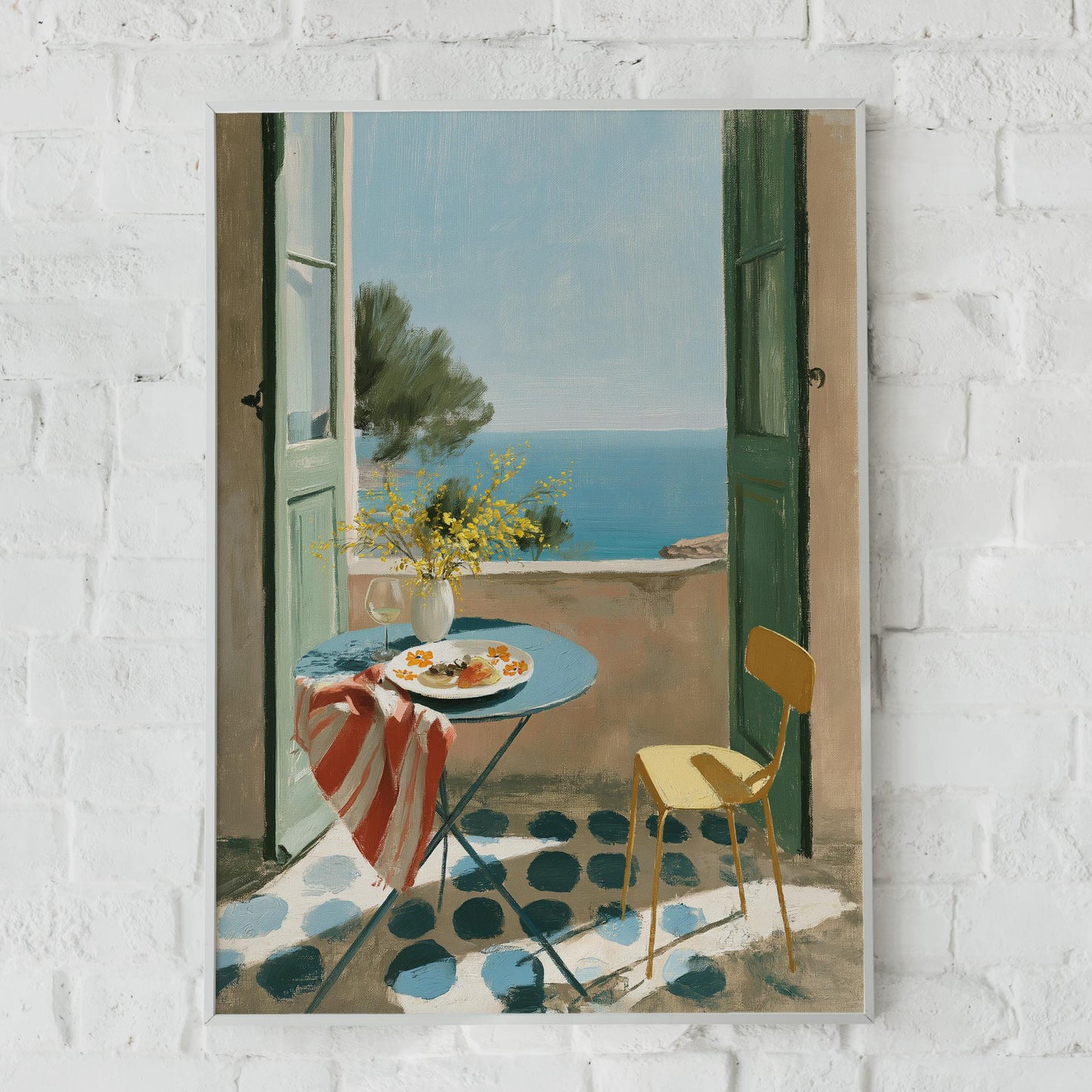 Open Windows Balcony Art Print, Coastal View Wall Art, Beach House Decor, Kitchen and Dining Art