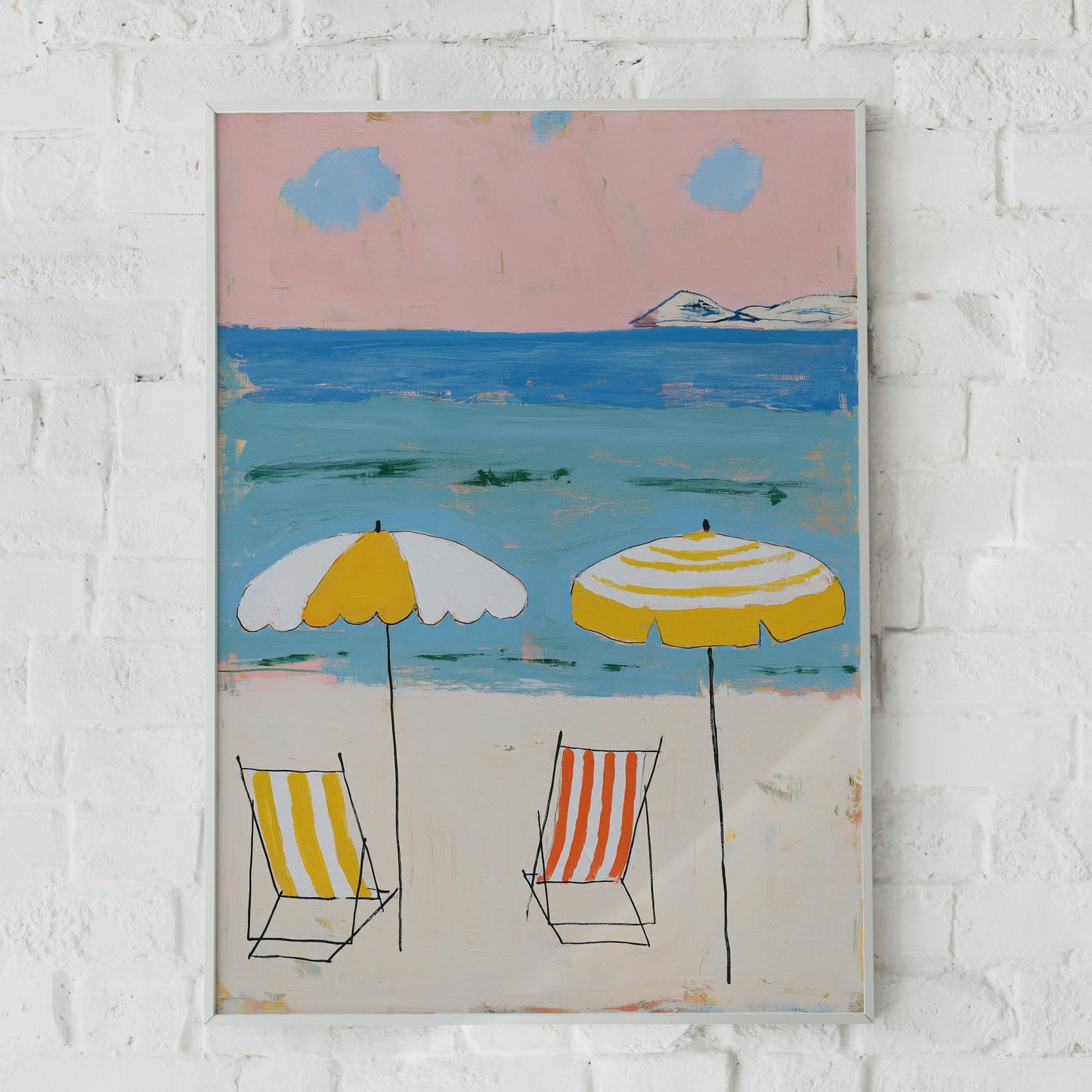 Coastal Deckchair Art Print, Vibrant Beach Umbrellas Wall Decor, Summer Seaside Illustration