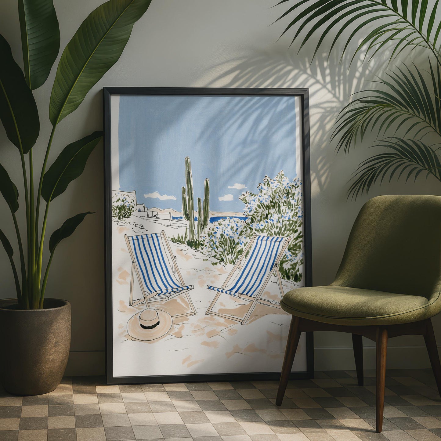 Beach Scene Art Print, Deckchairs and Straw Hat, Coastal Wall Art, Blue and White Decor, Summer