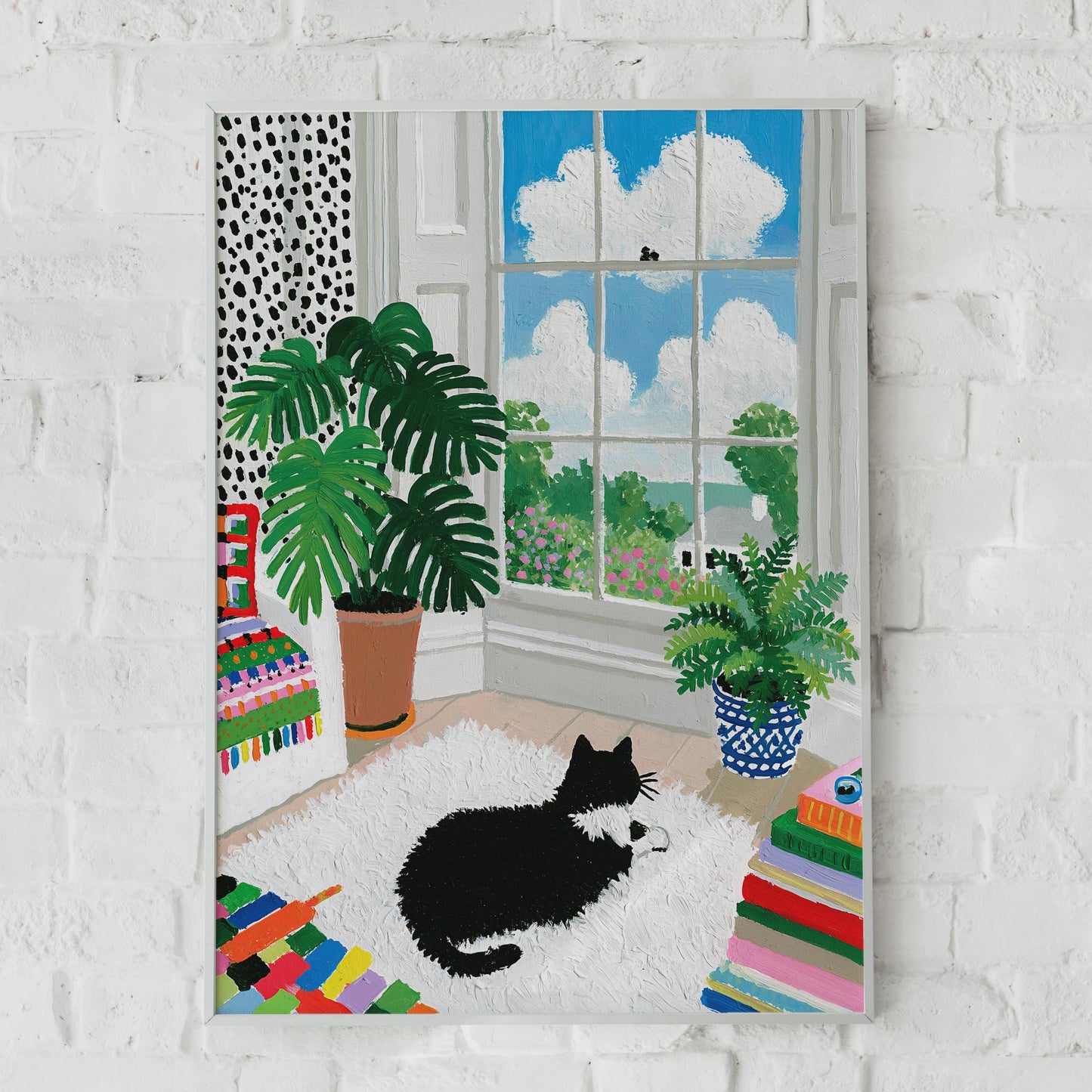 Vibrant Black Cat Looking Through Window, Colourful Home Decor, Cat Art Print, Botanical Wall Art