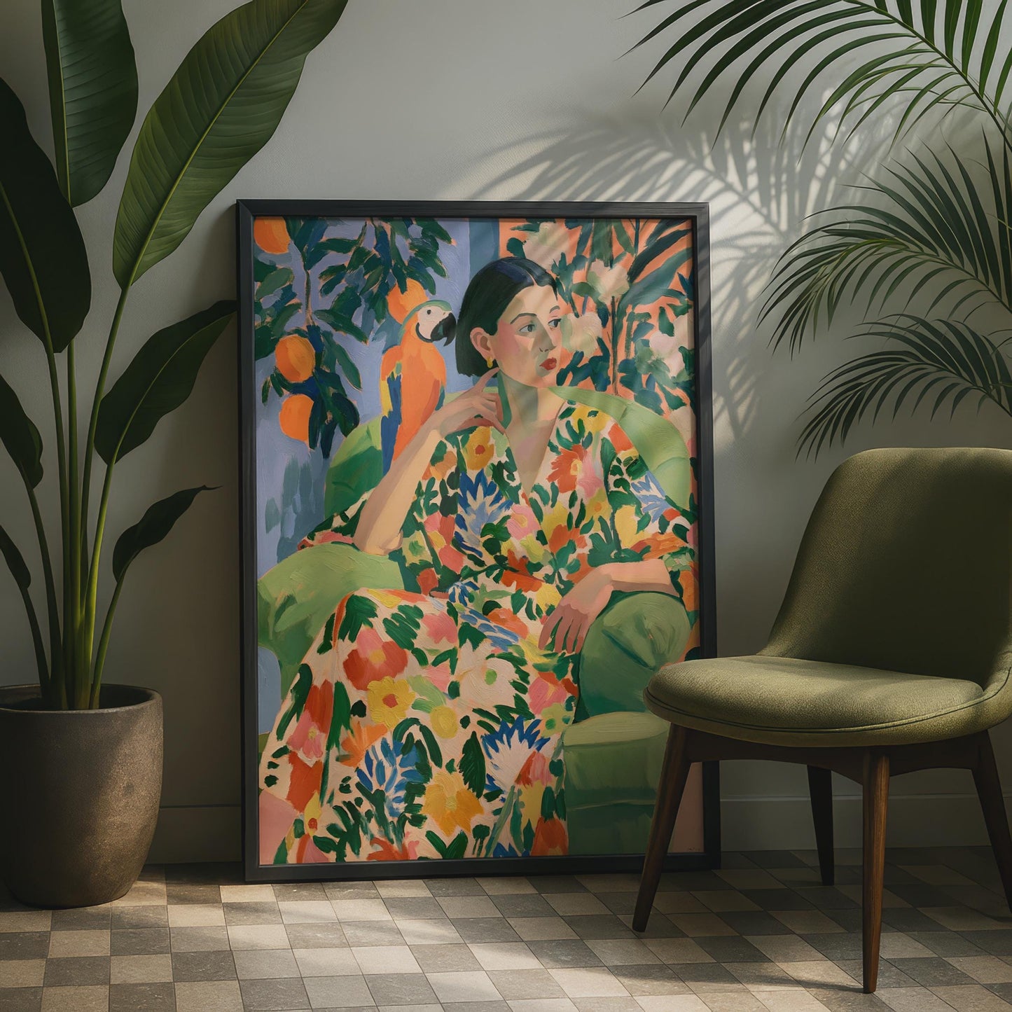Vibrant Floral Portrait, Lady in Colourful Dress with Parrot, Wall Art Print, Contemporary Decor,