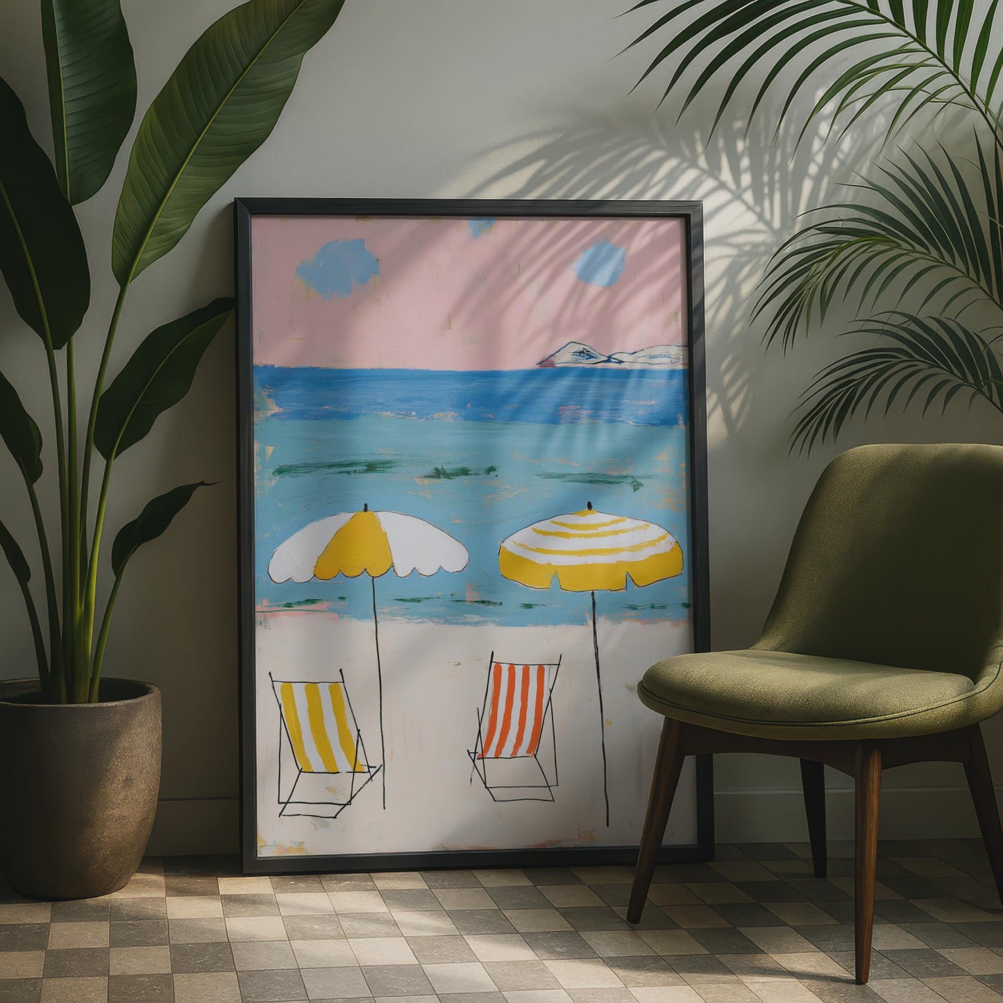 Coastal Deckchair Art Print, Vibrant Beach Umbrellas Wall Decor, Summer Seaside Illustration