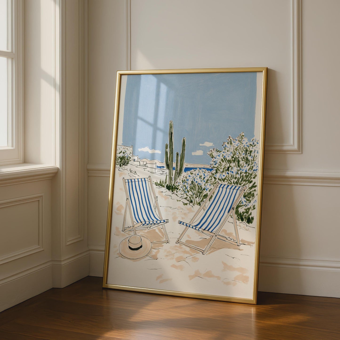 Beach Scene Art Print, Deckchairs and Straw Hat, Coastal Wall Art, Blue and White Decor, Summer