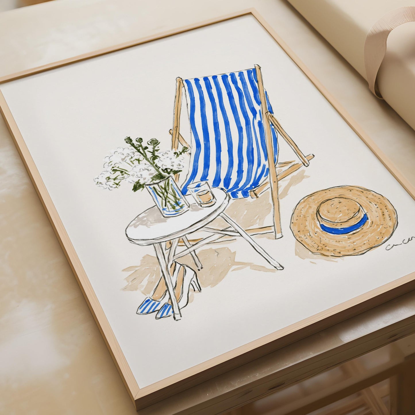 Blue Striped Deckchair Art Print, Summer Beach Wall Decor, Relaxation Poster, Floral Still Life,