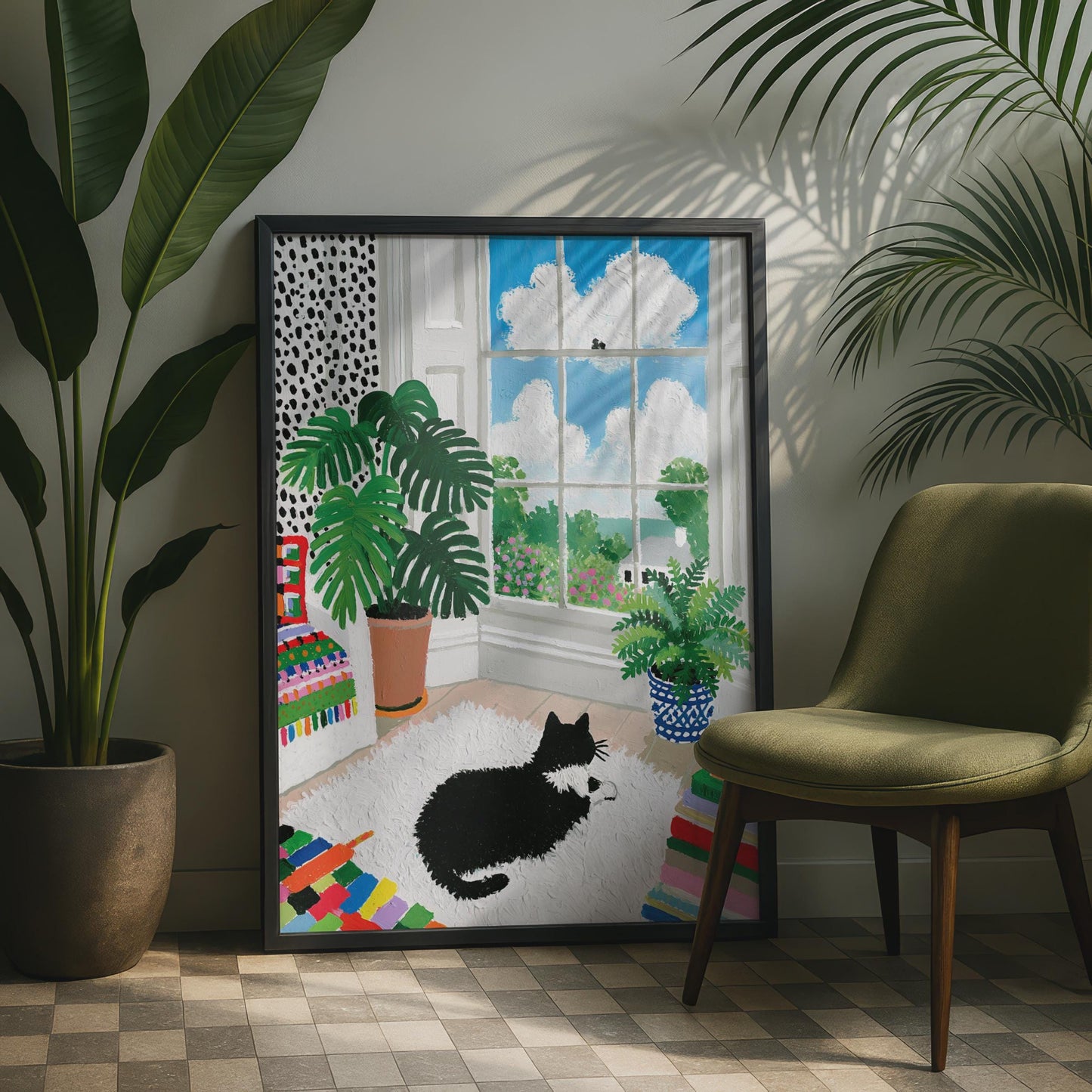 Vibrant Black Cat Looking Through Window, Colourful Home Decor, Cat Art Print, Botanical Wall Art