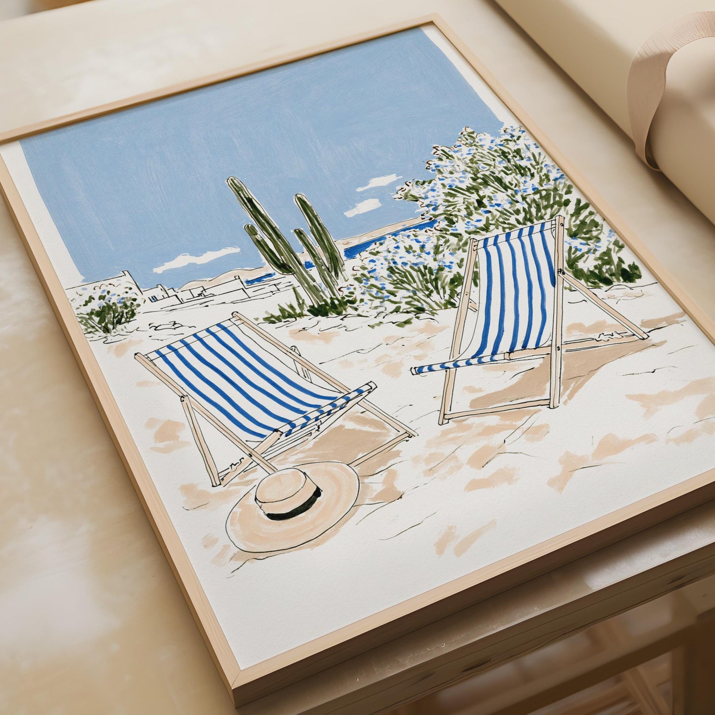 Beach Scene Art Print, Deckchairs and Straw Hat, Coastal Wall Art, Blue and White Decor, Summer
