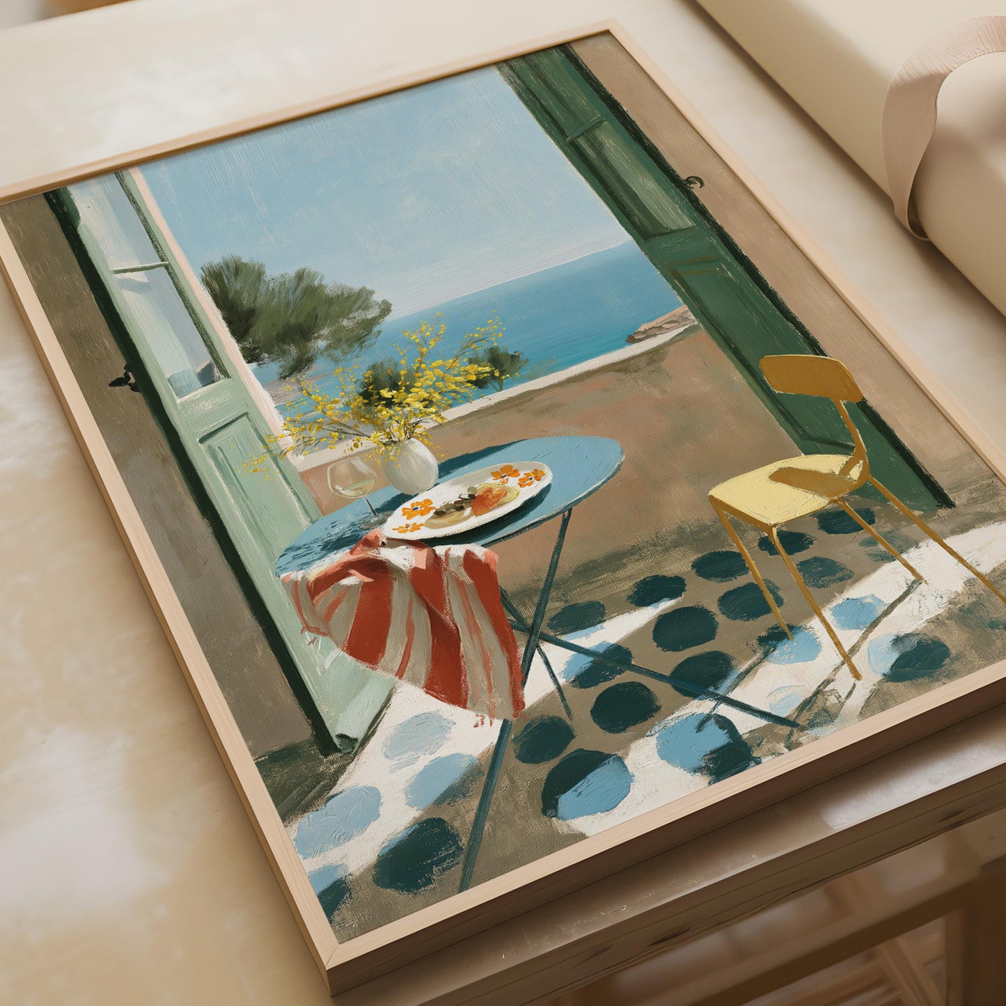 Open Windows Balcony Art Print, Coastal View Wall Art, Beach House Decor, Kitchen and Dining Art