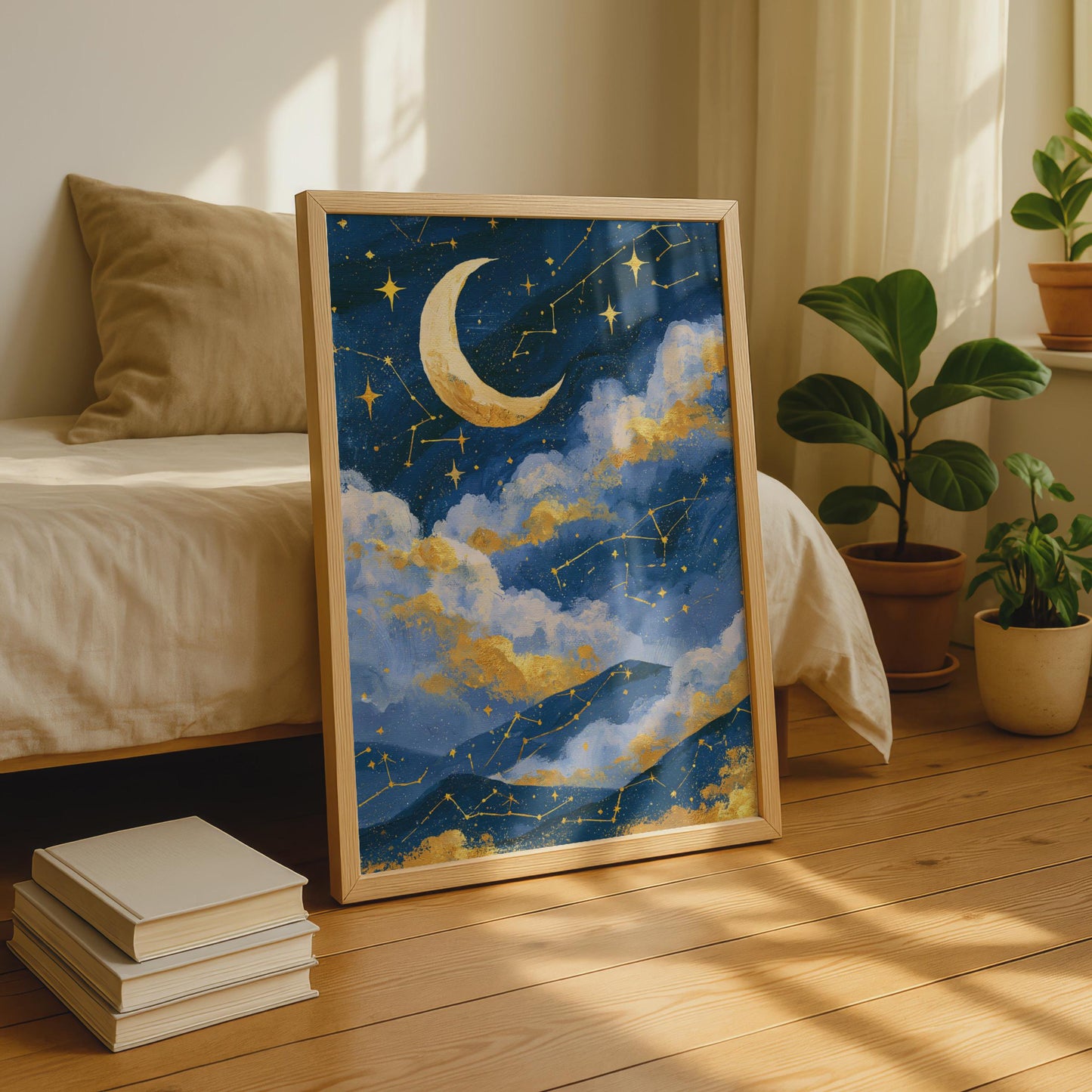 Moon and Stars Wall Art, Celestial Poster, Night Sky Decor, Constellations Print, Botanical Art,