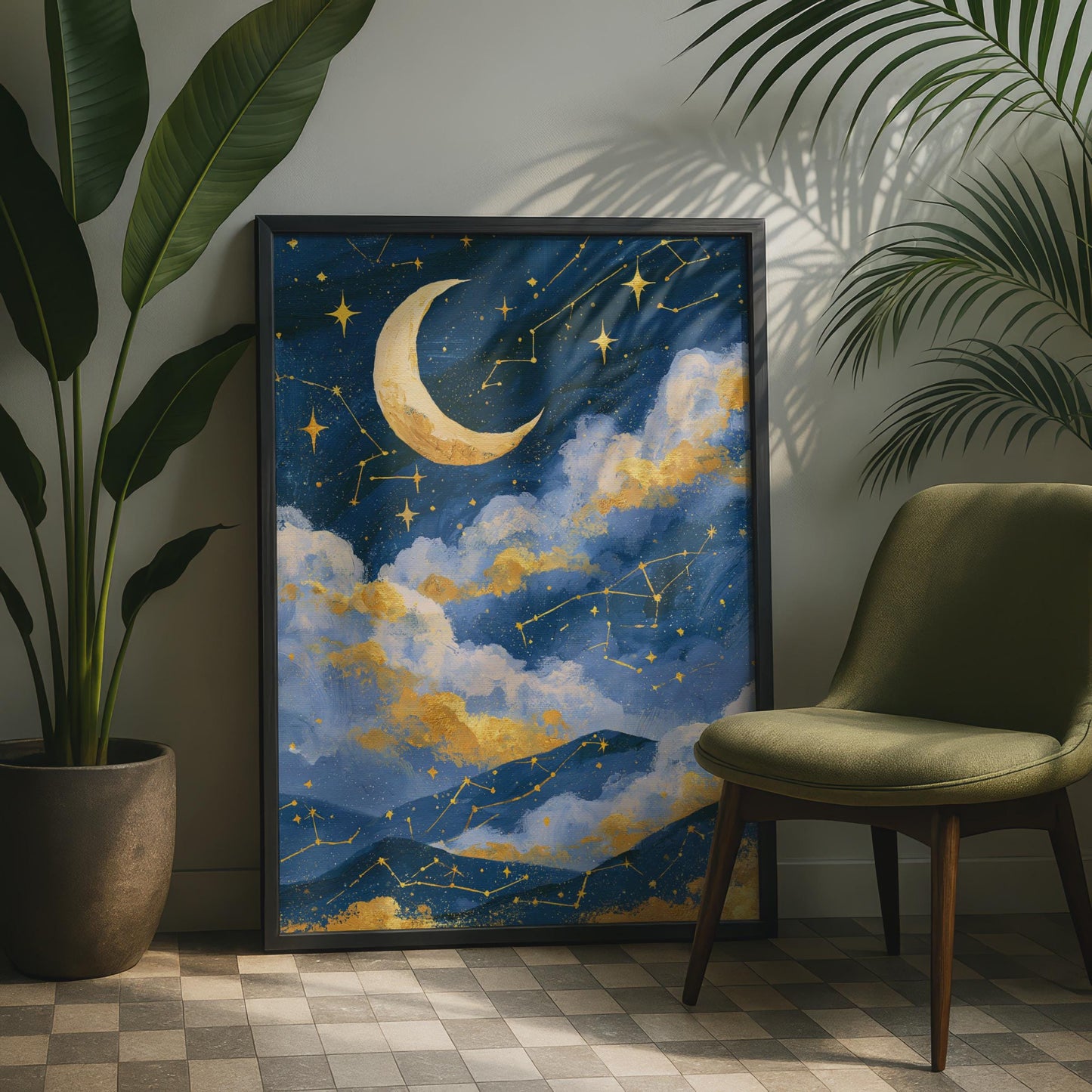 Moon and Stars Wall Art, Celestial Poster, Night Sky Decor, Constellations Print, Botanical Art,